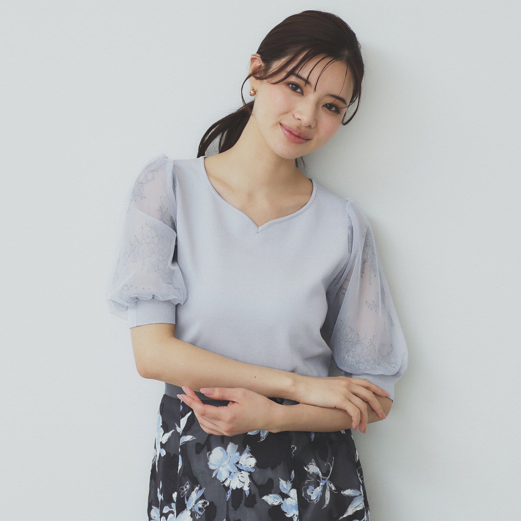 index「チュールレーススリーブニット【洗濯機洗い可】」|ニット・セーター|ブルー(091)