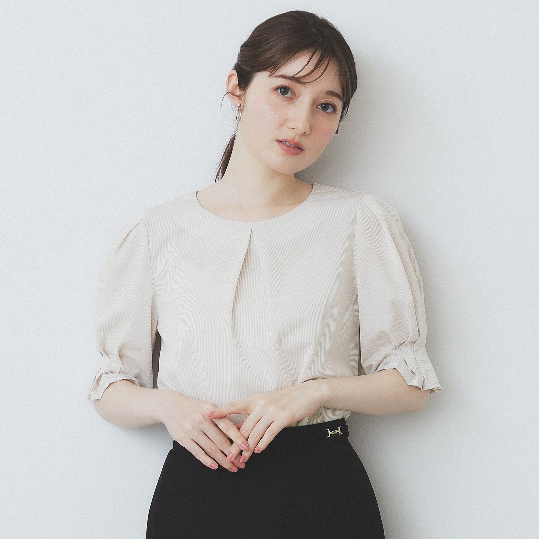 index「ストライプジャージタックスリーブトップス【吸水速乾/洗濯機洗い可】」|Tシャツ・カットソー|グレージュ(350)