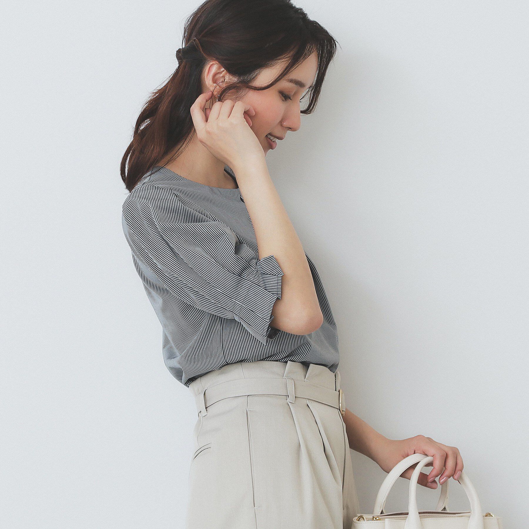 index「ストライプジャージタックスリーブトップス【吸水速乾/洗濯機洗い可】」|Tシャツ・カットソー|