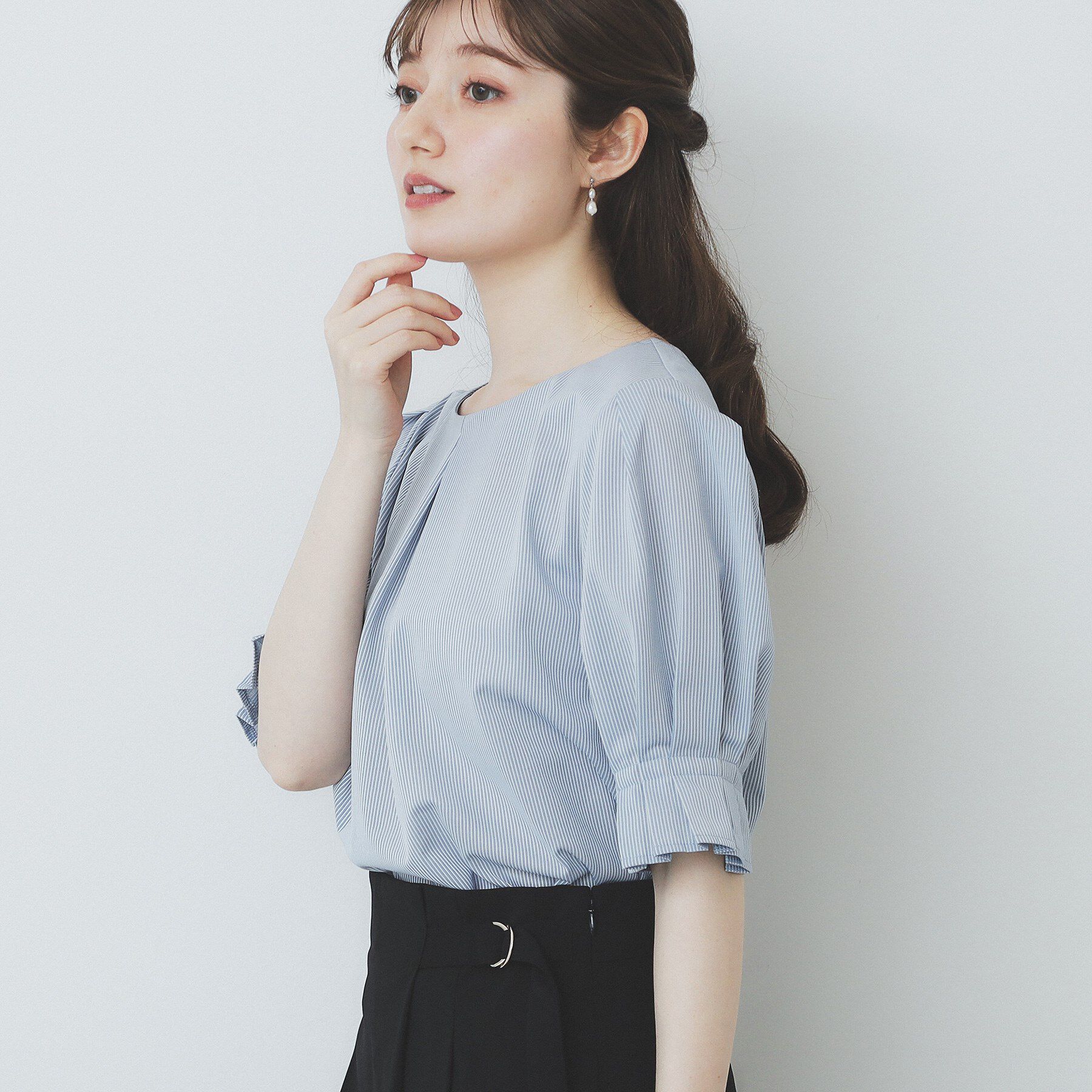 index「ストライプジャージタックスリーブトップス【吸水速乾/洗濯機洗い可】」|Tシャツ・カットソー|