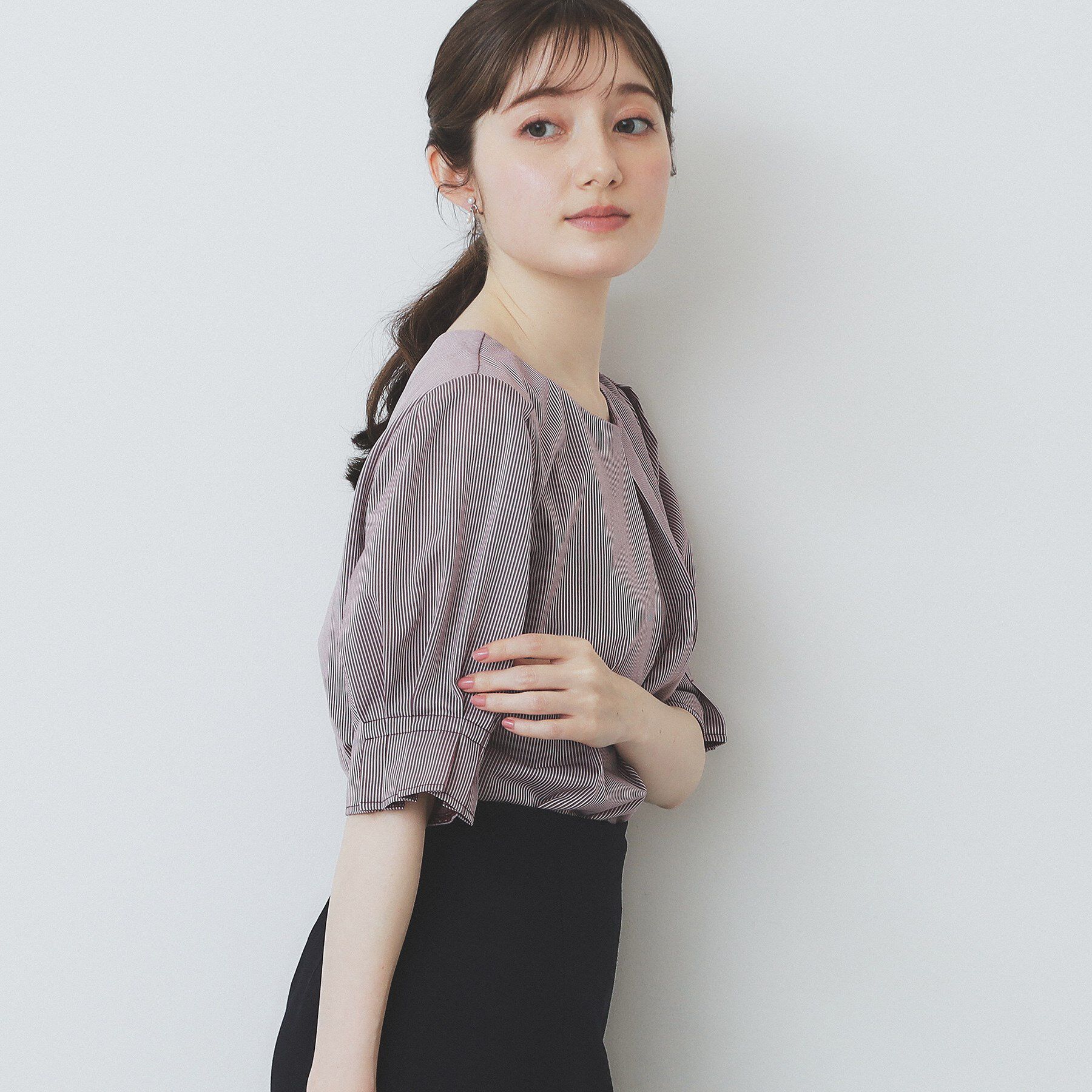 index「ストライプジャージタックスリーブトップス【吸水速乾/洗濯機洗い可】」|Tシャツ・カットソー|ボルドー(364)