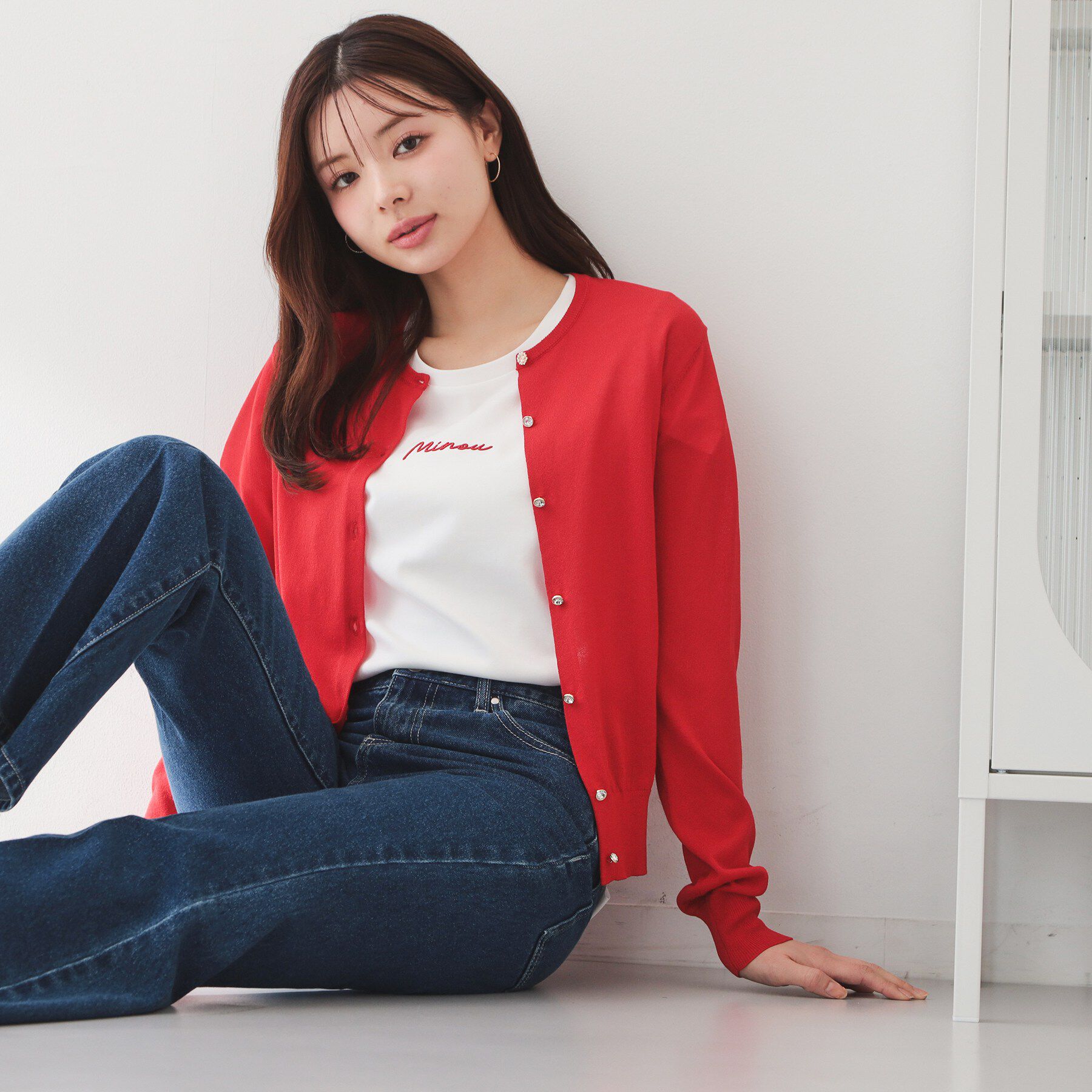 index「接触冷感ビジューボタンカーディガン【洗濯機OK/抗ピリング】」|カーディガン|レッド(062)