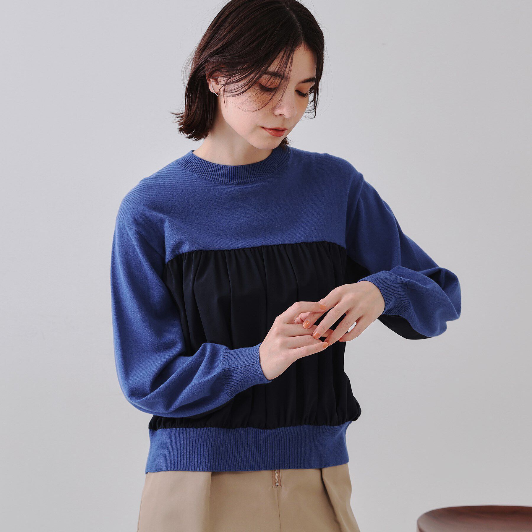 OPAQUE.CLIP「ギャザーフハクドッキングニット【洗濯機洗い可】」|ニット・セーター|ブルー(593)