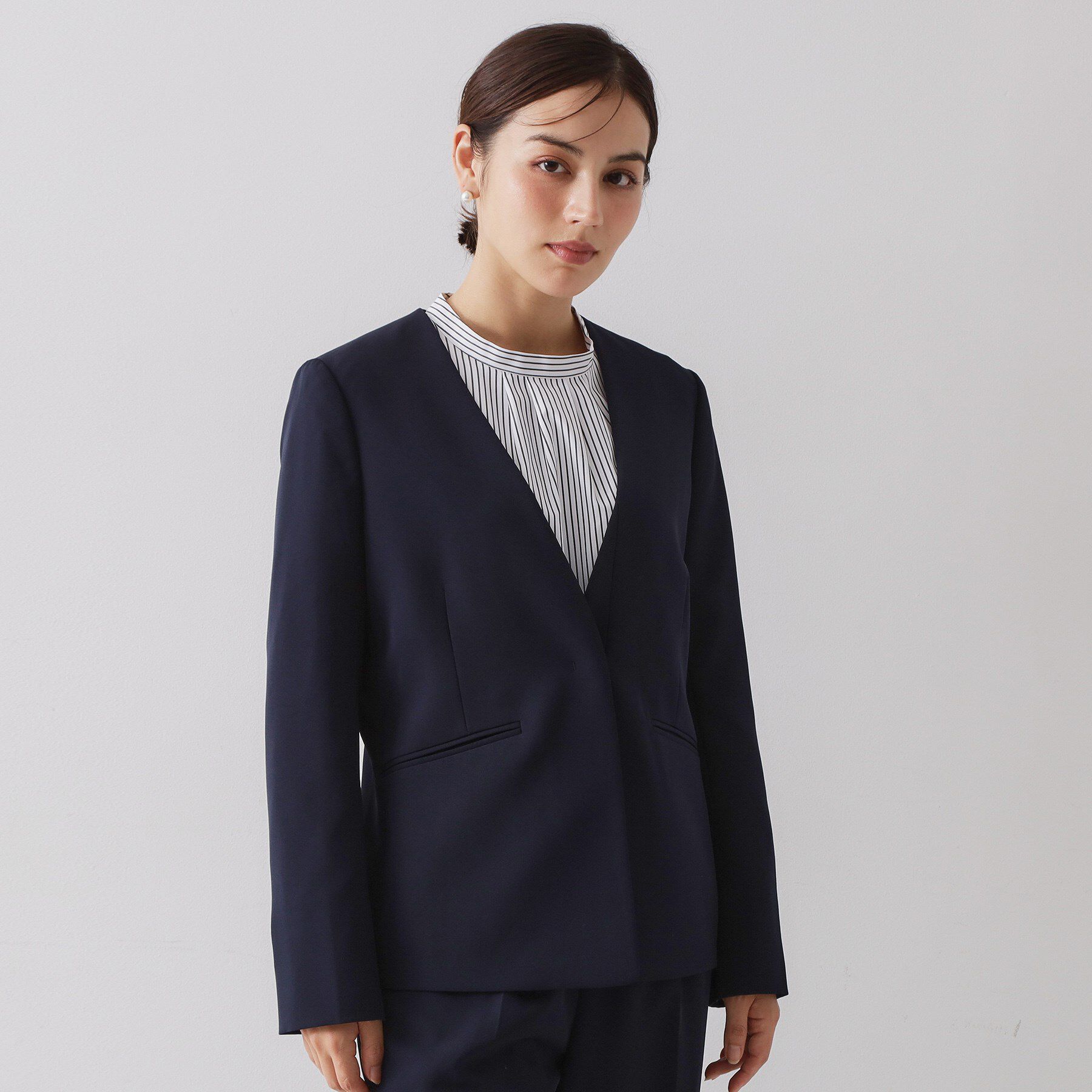 OPAQUE.CLIP「《通勤/セットアップ対応》 Vネックジャケット/ダブルクロス【洗濯機OK】」|ノーカラージャケット|