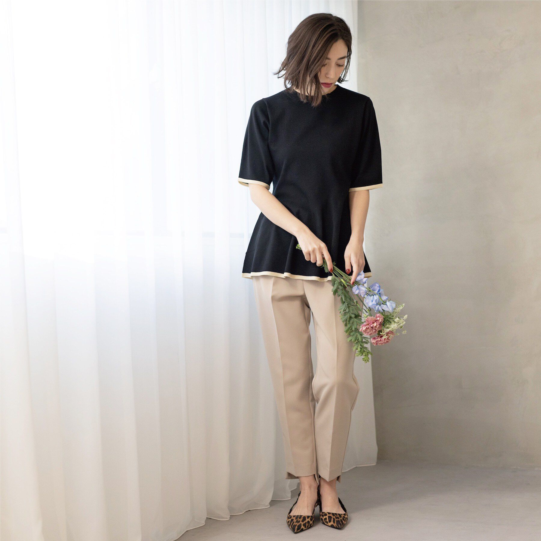 OPAQUE.CLIP「配色ライン ペプラムニット」|ニット・セーター|