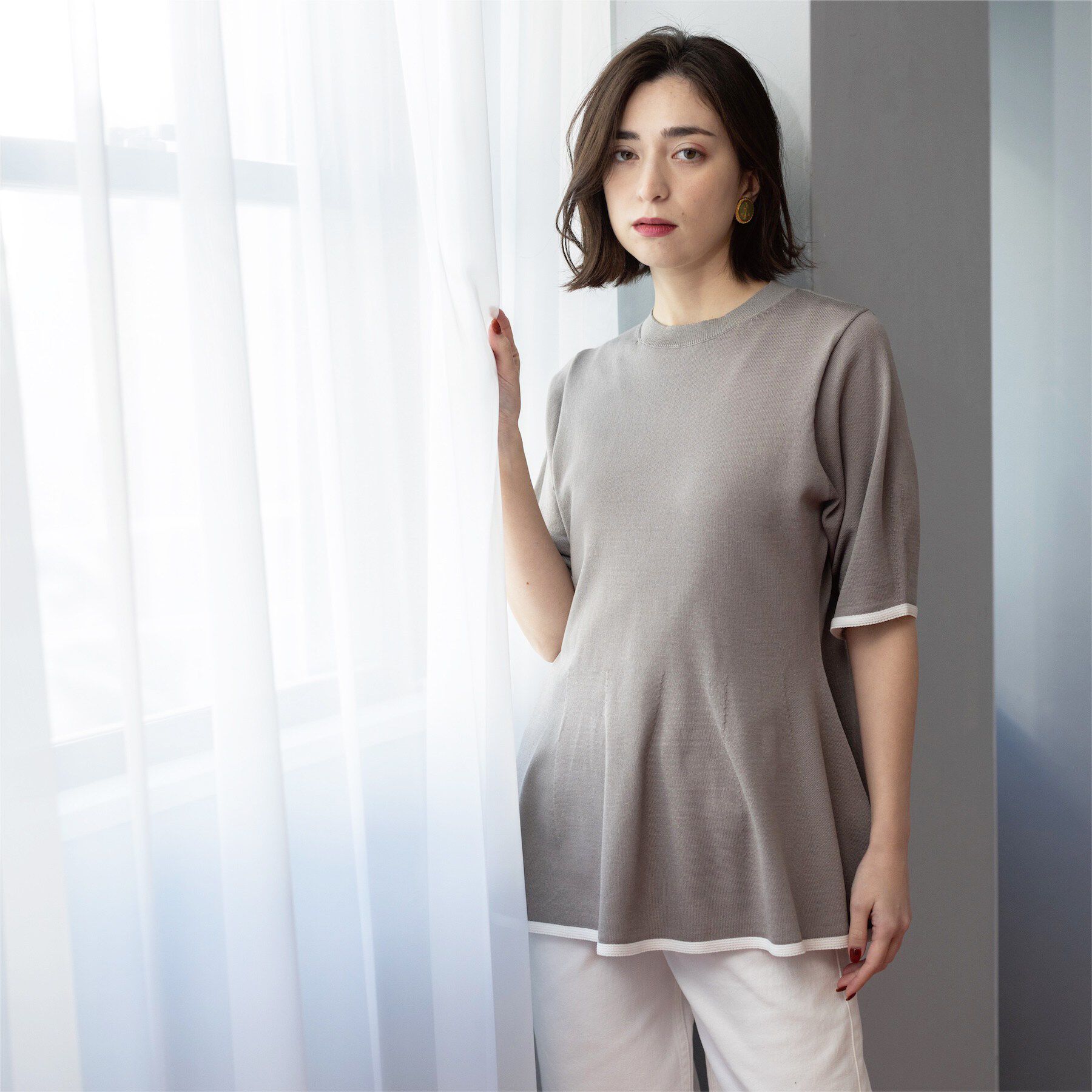 OPAQUE.CLIP「配色ライン ペプラムニット」|ニット・セーター|