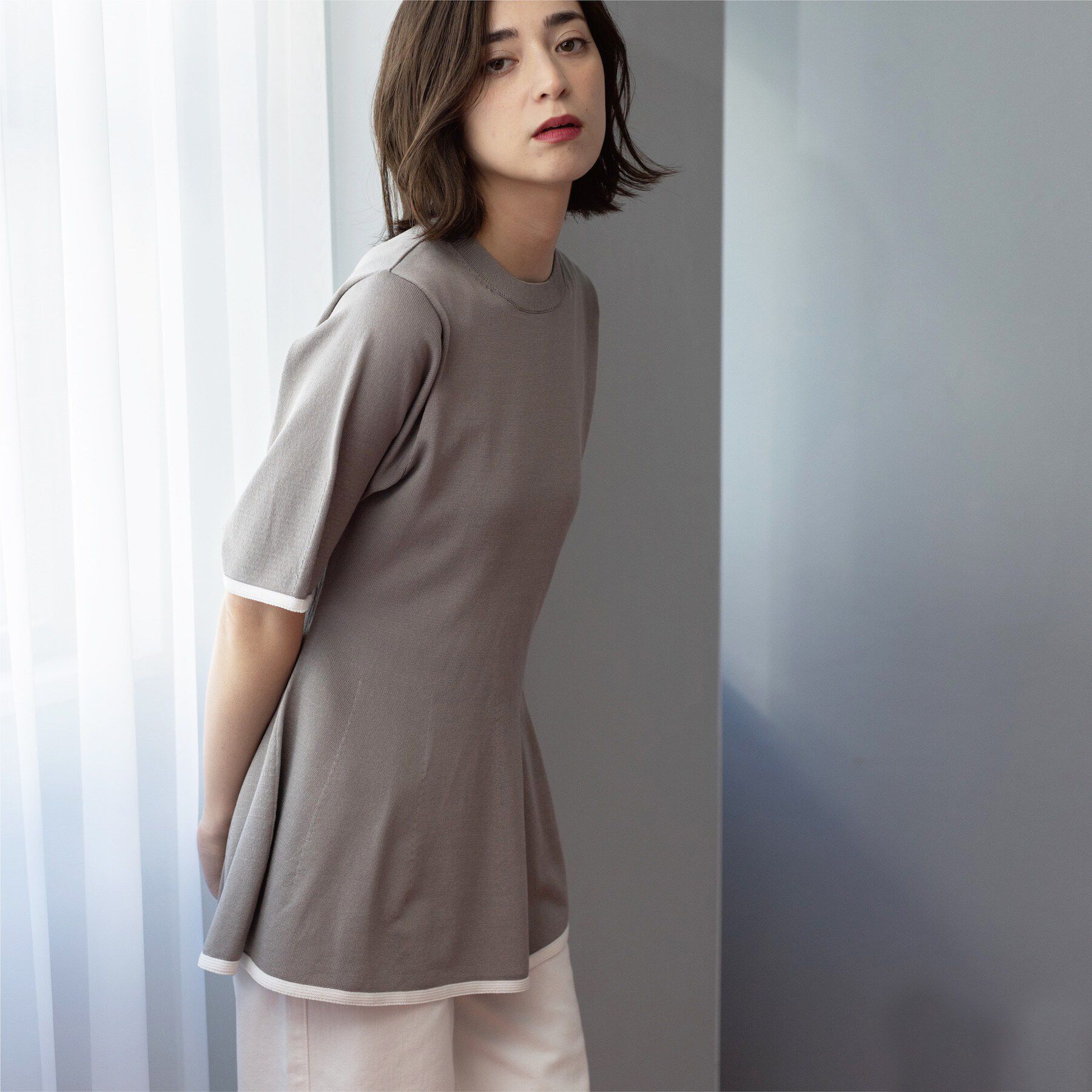 OPAQUE.CLIP「配色ライン ペプラムニット」|ニット・セーター|