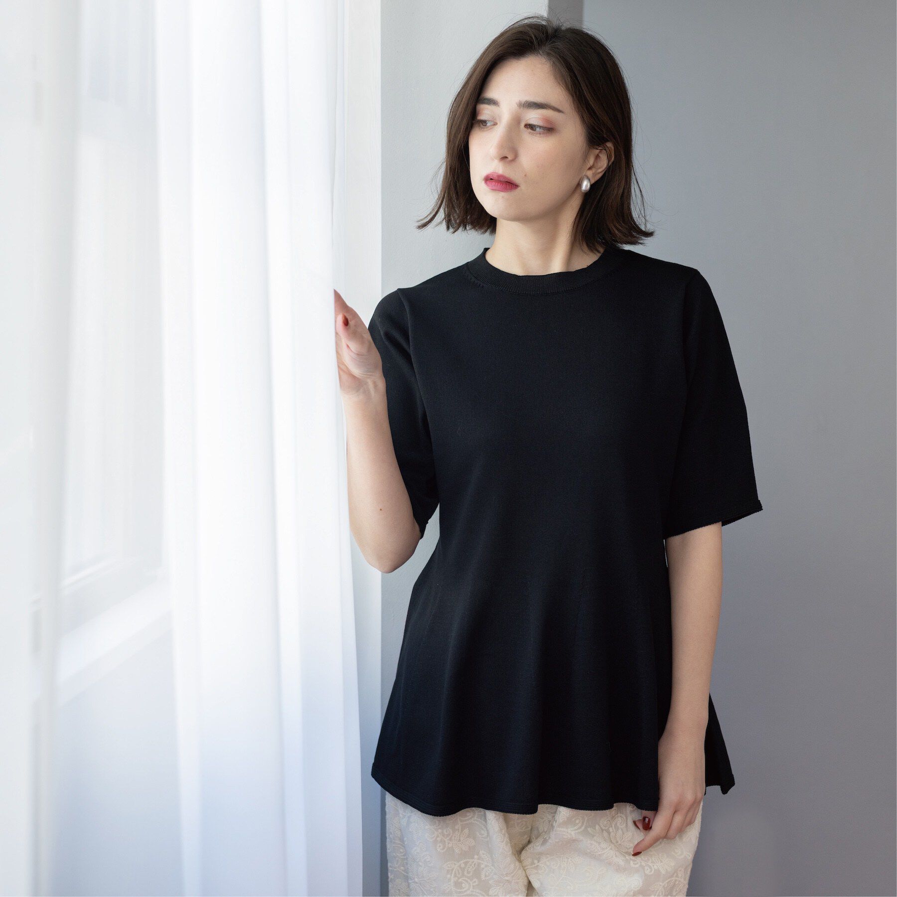 OPAQUE.CLIP「配色ライン ペプラムニット」|ニット・セーター|