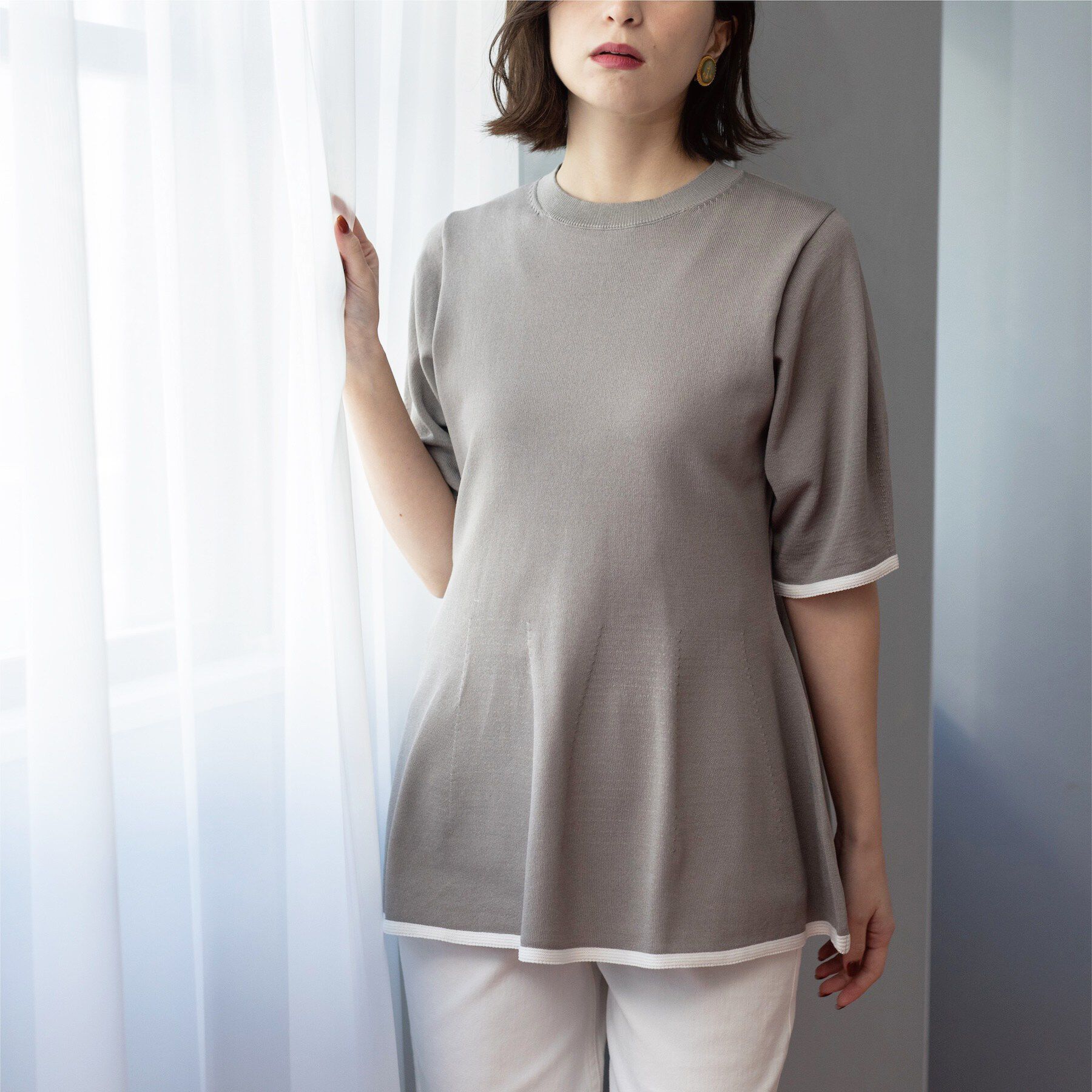 OPAQUE.CLIP「配色ライン ペプラムニット」|ニット・セーター|