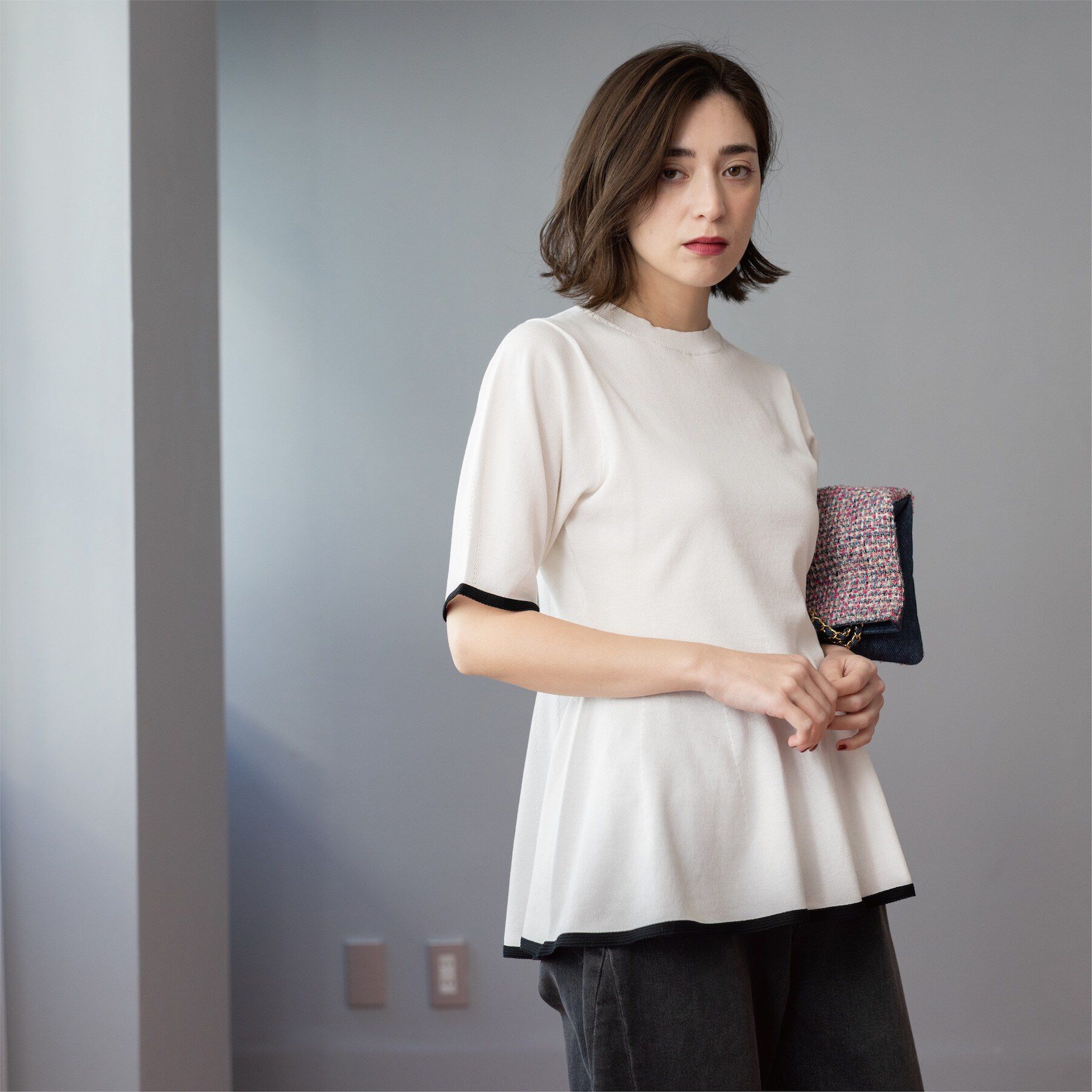 OPAQUE.CLIP「配色ライン ペプラムニット」|ニット・セーター|