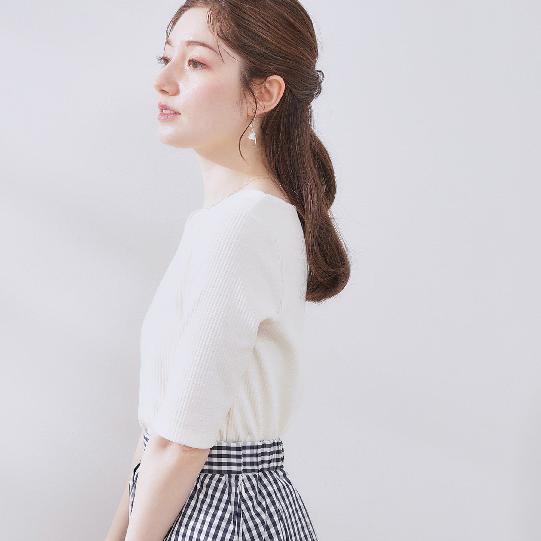 Couture broach「【マシンウォッシャブル・アンチピリング・二の腕カバー】ハートネックテレコ5分袖プルオーバー」|Tシャツ・カットソー|