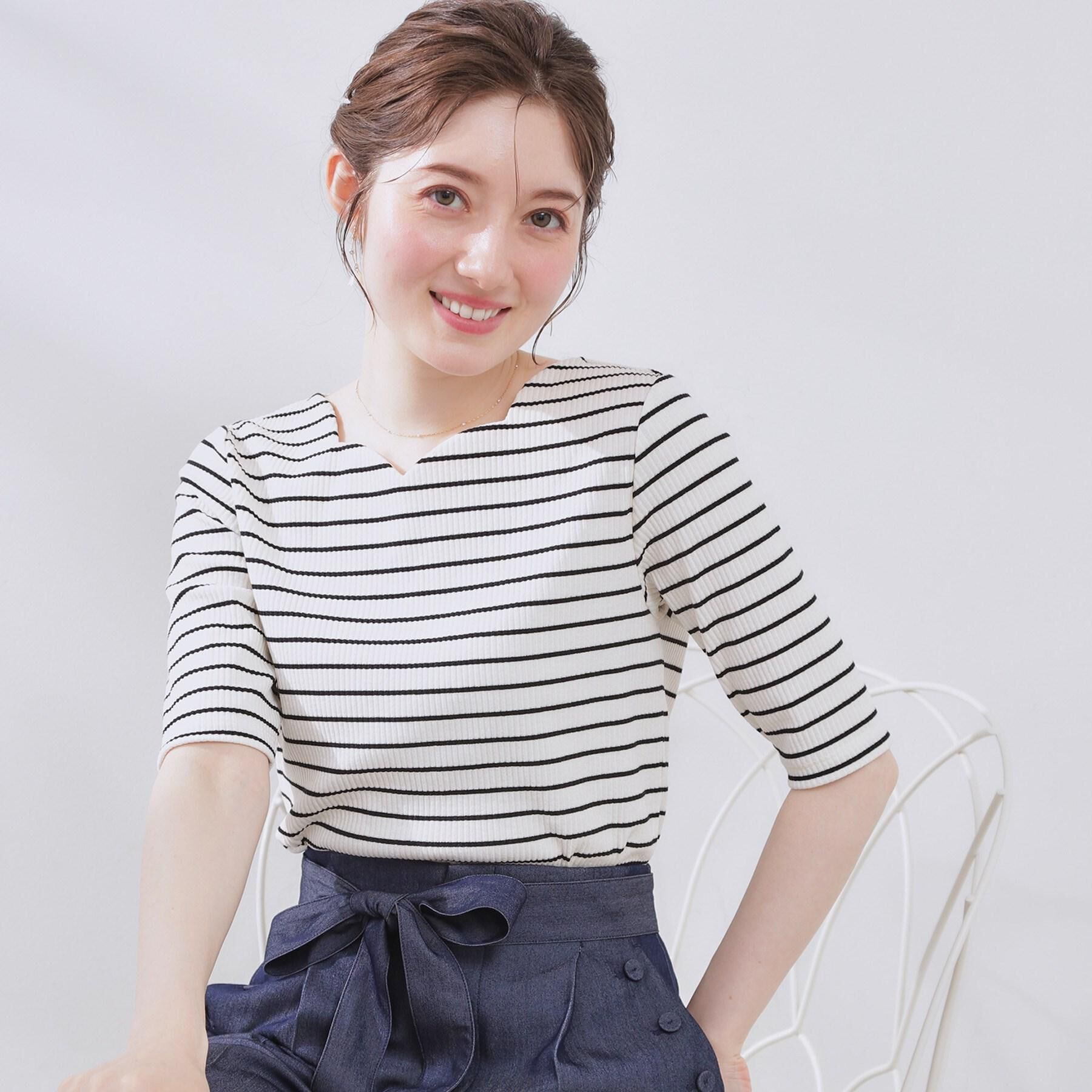 Couture broach「【マシンウォッシャブル・アンチピリング・二の腕カバー】ハートネックテレコ5分袖プルオーバー」|Tシャツ・カットソー|オフホワイト(303