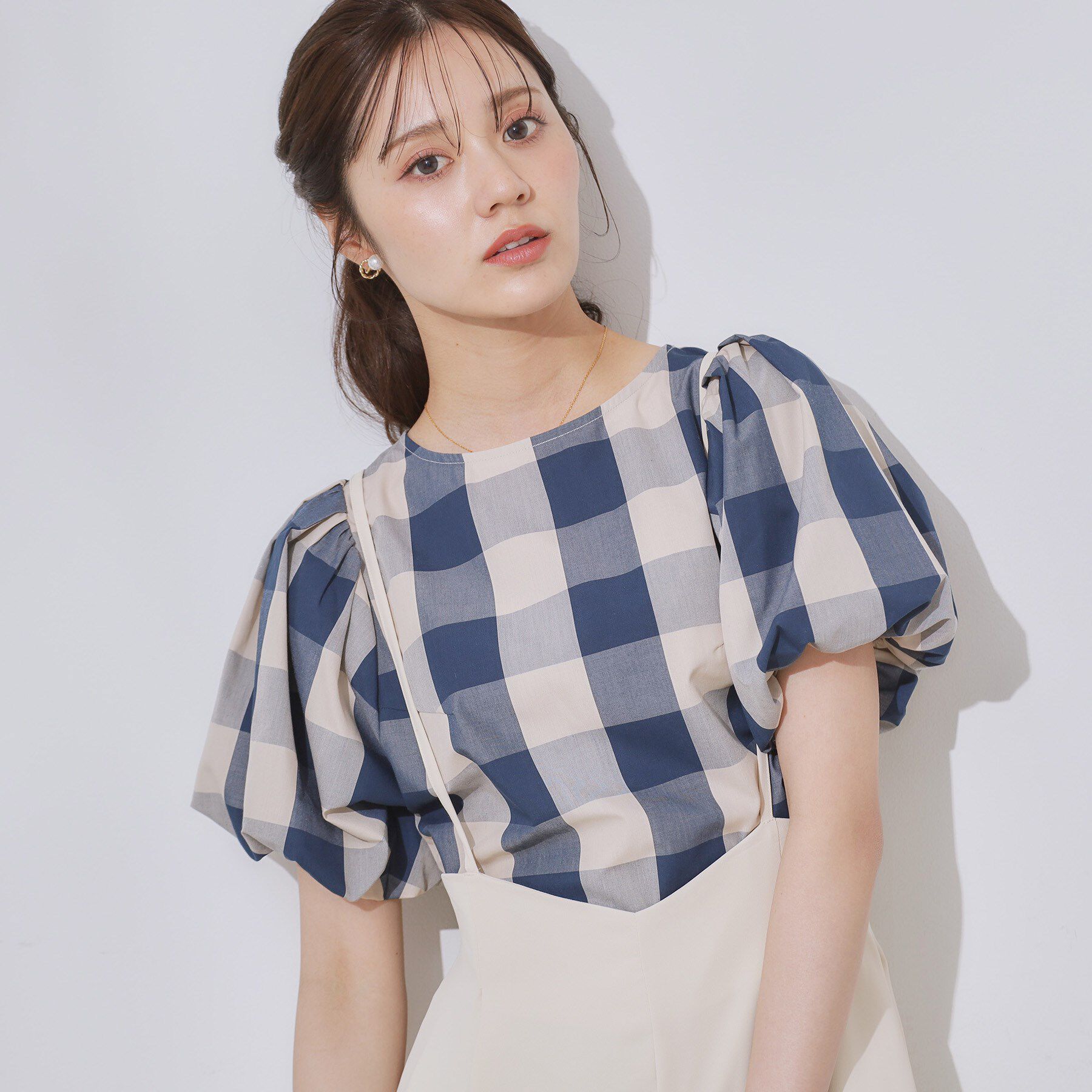 Couture broach「【マシンウォッシャブル・二の腕カバー】ブロックチェックブラウス」|シャツ・ブラウス|ネイビー(294)