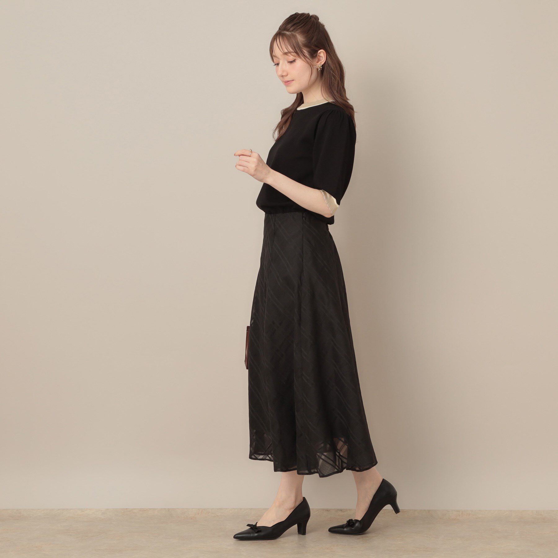 Couture broach「【5分袖・華奢見え・通勤】配色スカラ5分袖ニット」|ニット・セーター|