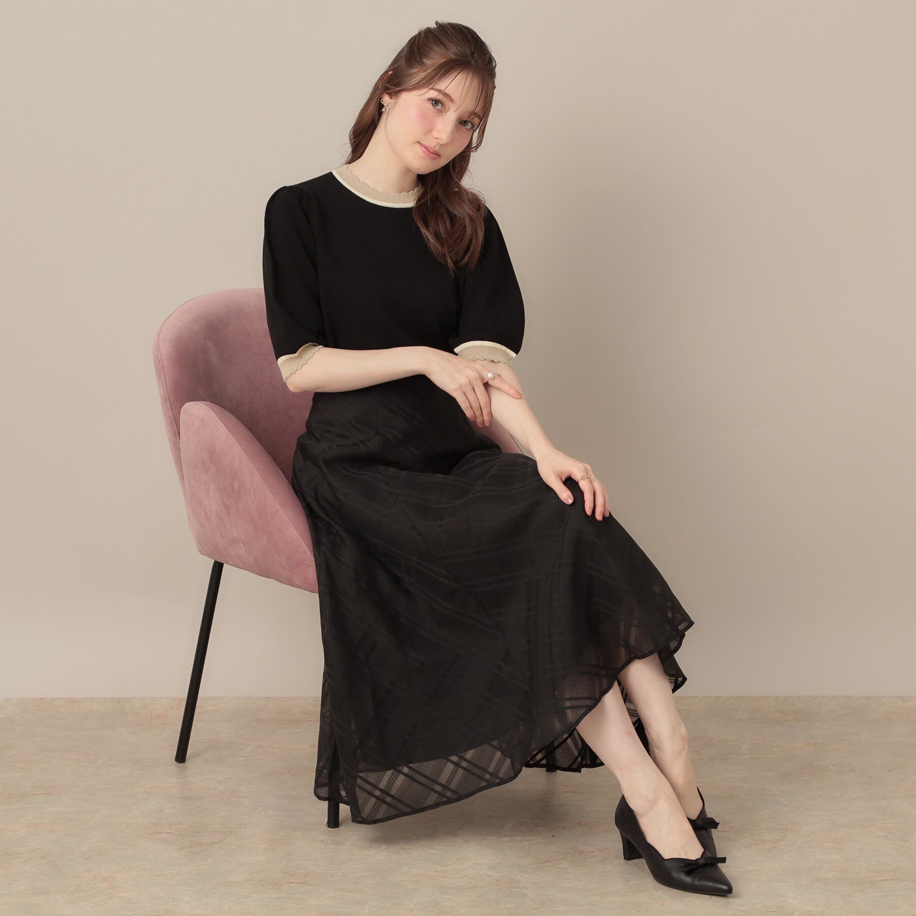 Couture broach「【5分袖・華奢見え・通勤】配色スカラ5分袖ニット」|ニット・セーター|