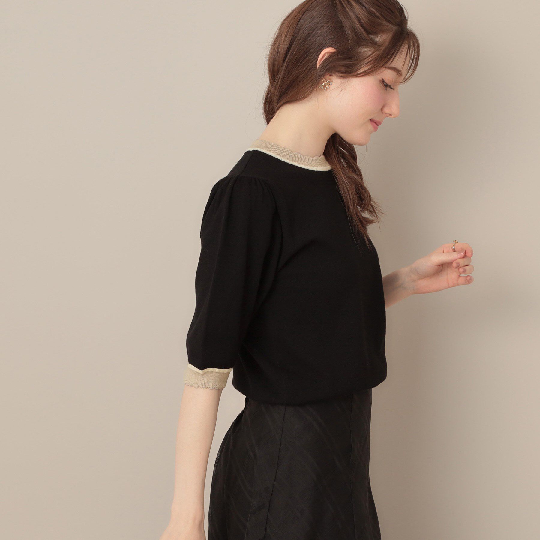 Couture broach「【5分袖・華奢見え・通勤】配色スカラ5分袖ニット」|ニット・セーター|