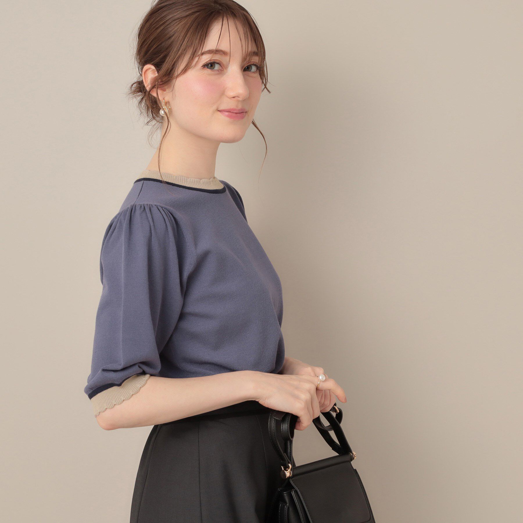 Couture broach「【5分袖・華奢見え・通勤】配色スカラ5分袖ニット」|ニット・セーター|