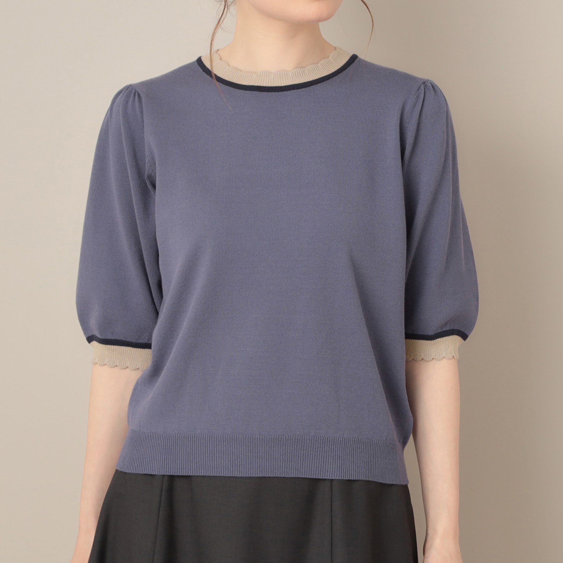 Couture broach「【5分袖・華奢見え・通勤】配色スカラ5分袖ニット」|ニット・セーター|