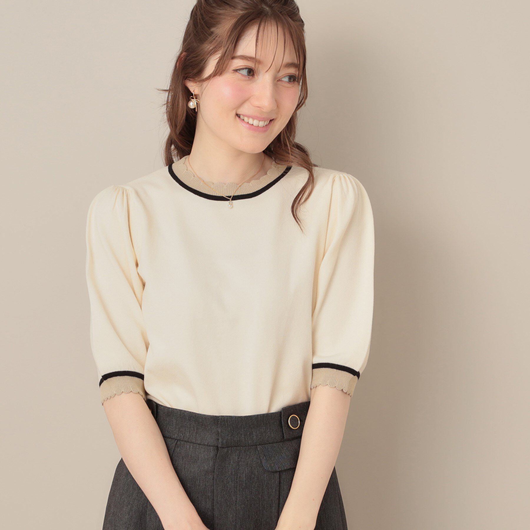 Couture broach「【5分袖・華奢見え・通勤】配色スカラ5分袖ニット」|ニット・セーター|