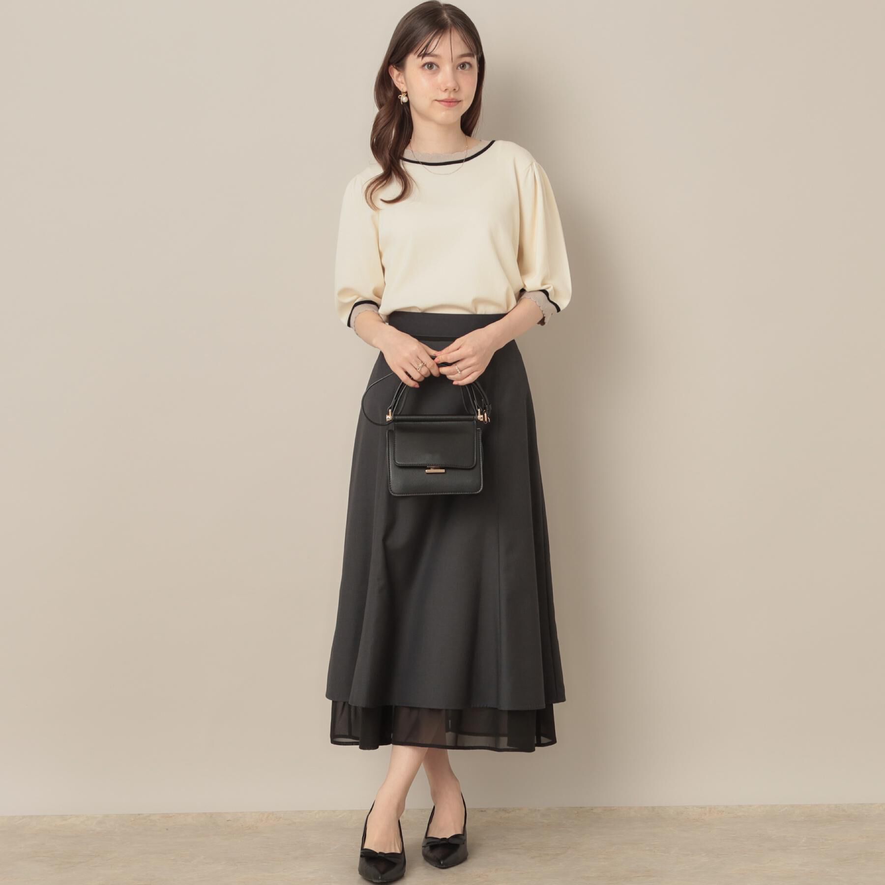 Couture broach「【5分袖・華奢見え・通勤】配色スカラ5分袖ニット」|ニット・セーター|