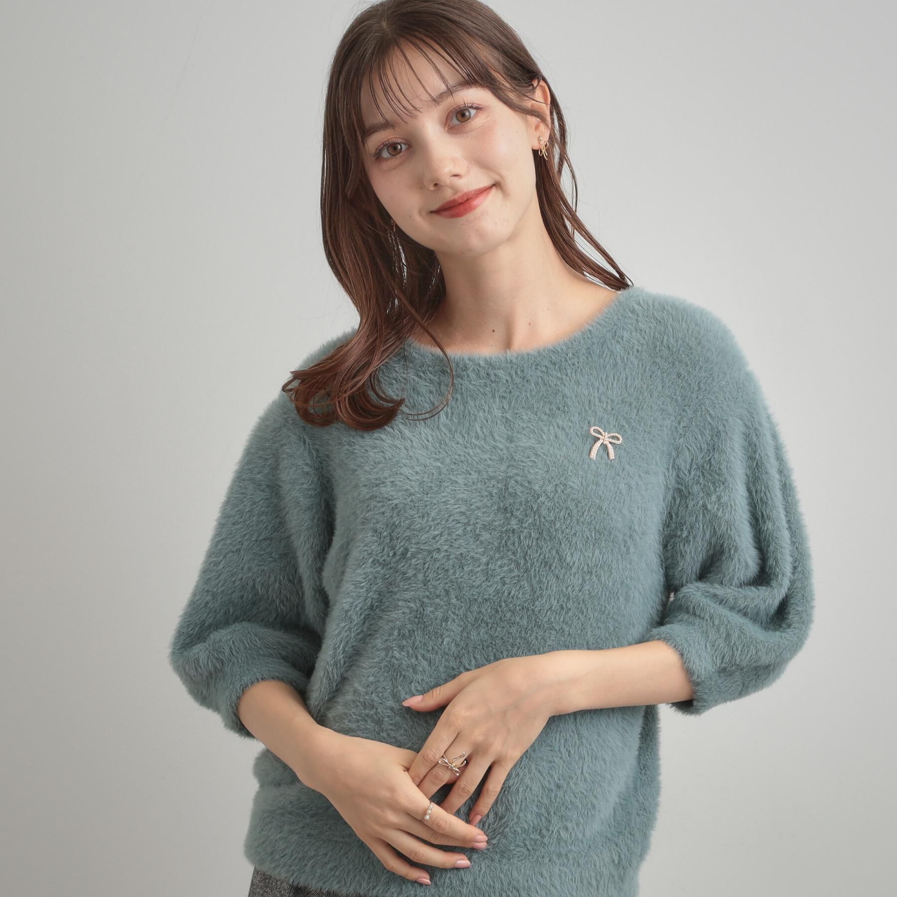 Couture broach「【着映え・5分袖・フェミニン】ラメフェザー半袖ニット」|ニット・セーター|