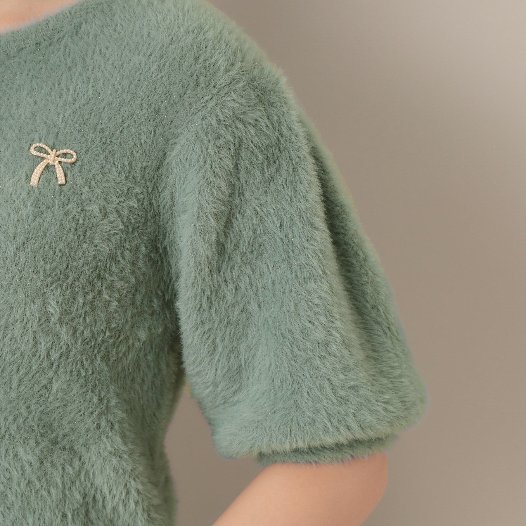 Couture broach「【着映え・5分袖・フェミニン】ラメフェザー半袖ニット」|ニット・セーター|