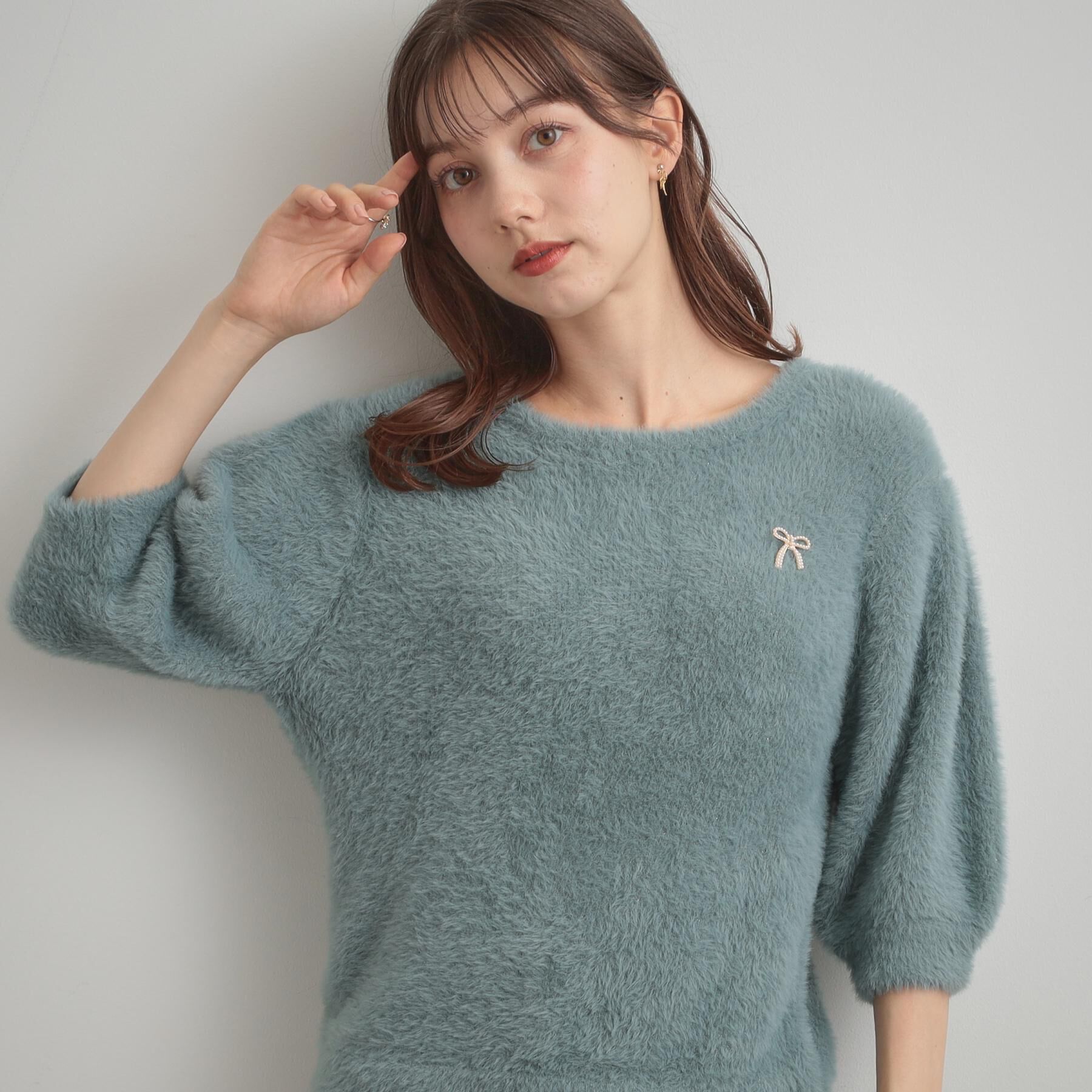 Couture broach「【着映え・5分袖・フェミニン】ラメフェザー半袖ニット」|ニット・セーター|ミントグリーン(02