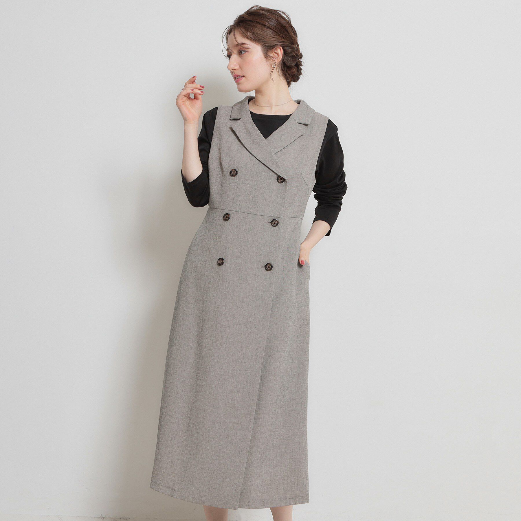 Couture broach「【通勤】リネンライク ジレにもなるジャンスカ」|ワンピース|