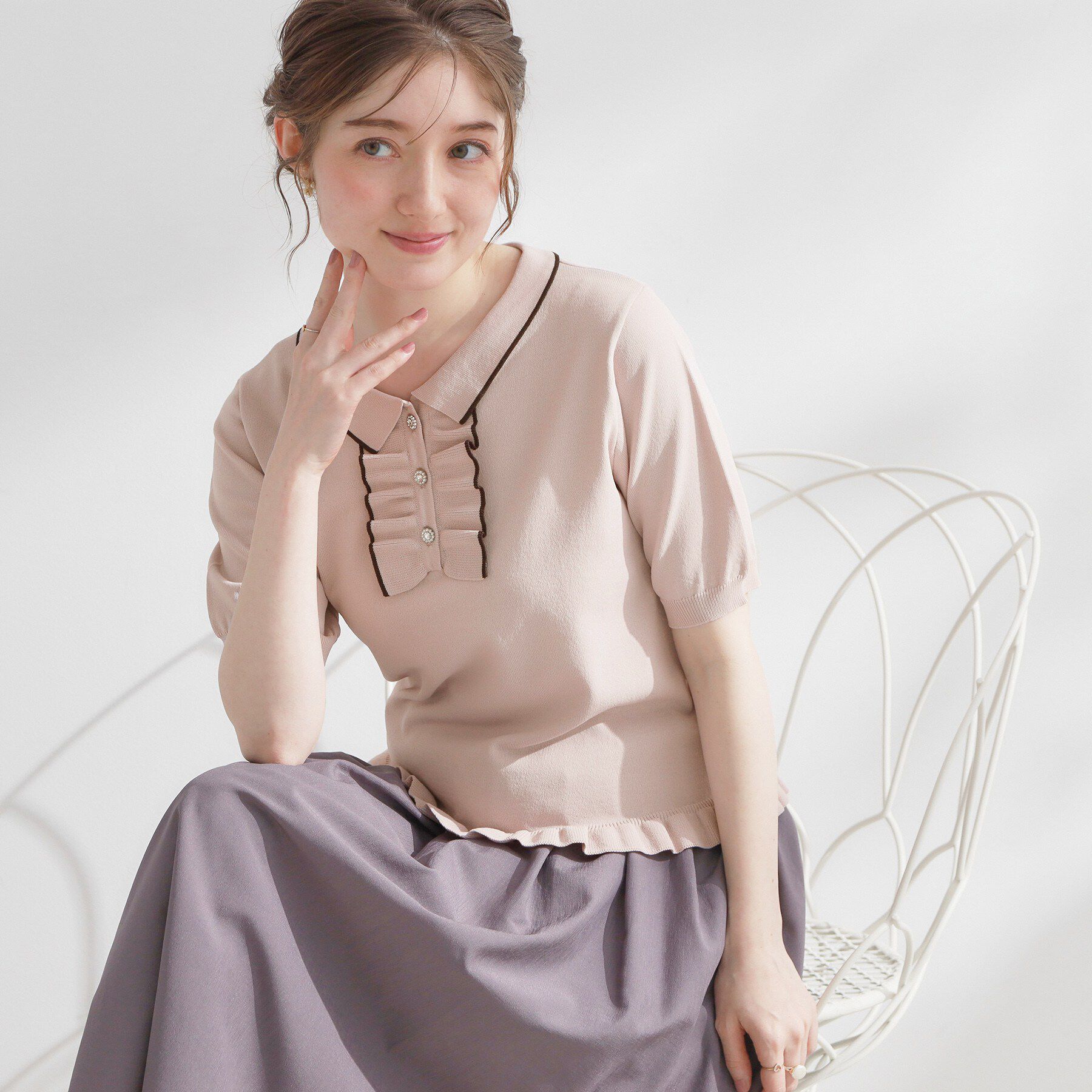 Couture broach「【洗える】フリル ポロ衿ニット」|ニット・セーター|