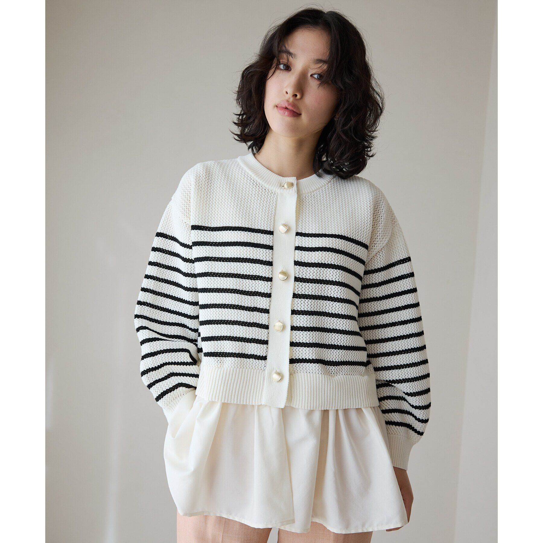 THE SHOP TK「布帛ドッキングメッシュカーデ」|カーディガン|オフホワイト(303