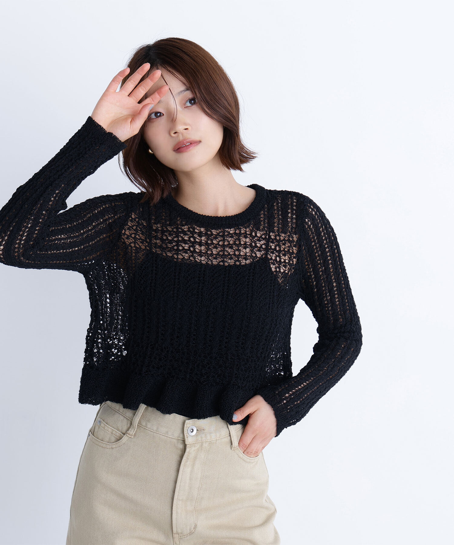  「クロップドレースメッシュニット」|ニット・セーター|