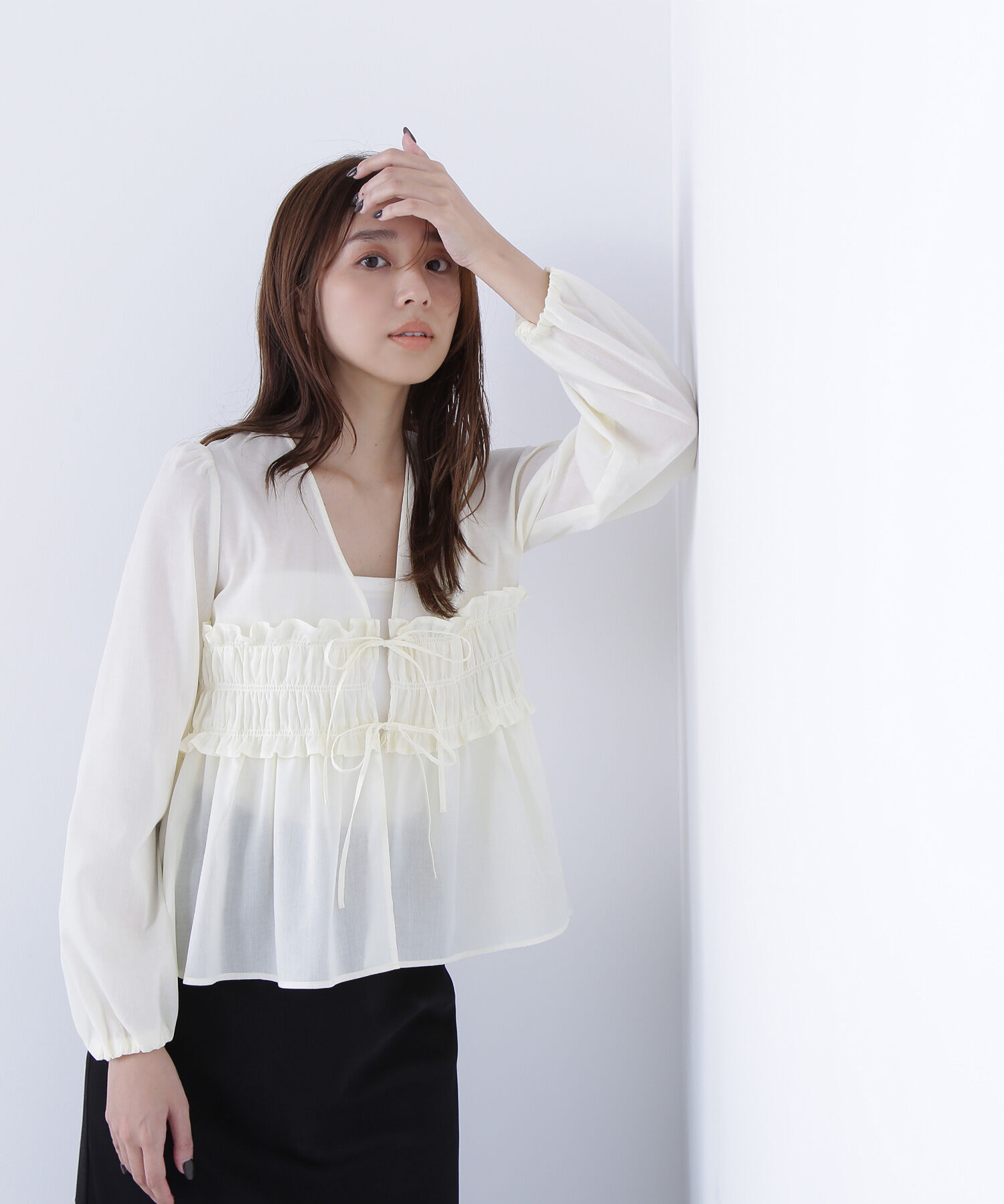  「Vネックシャーリングペプラムブラウス」|シャツ・ブラウス|