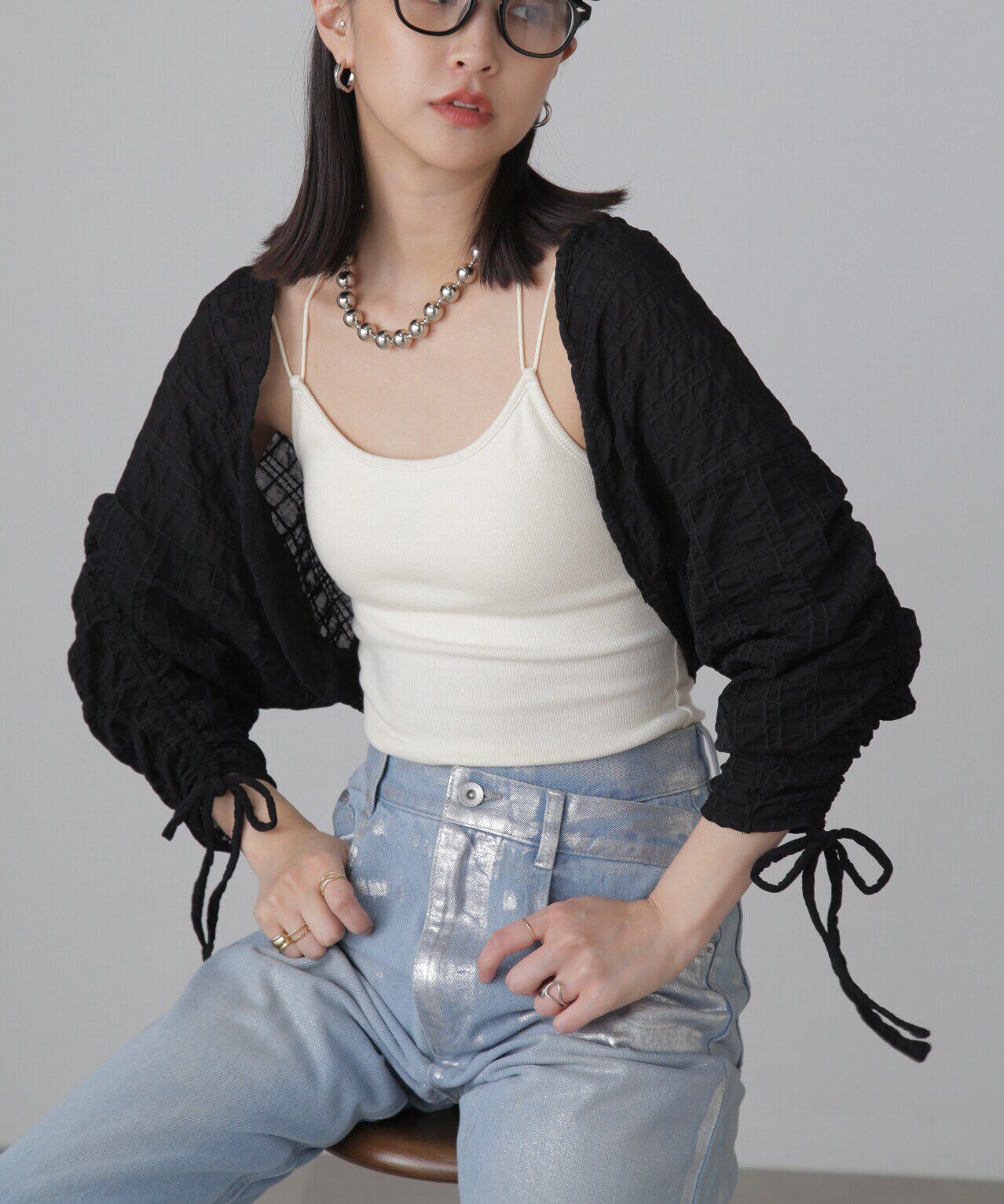  「シアーチェック袖シャーリングボレロ」|Tシャツ・カットソー|ブラック