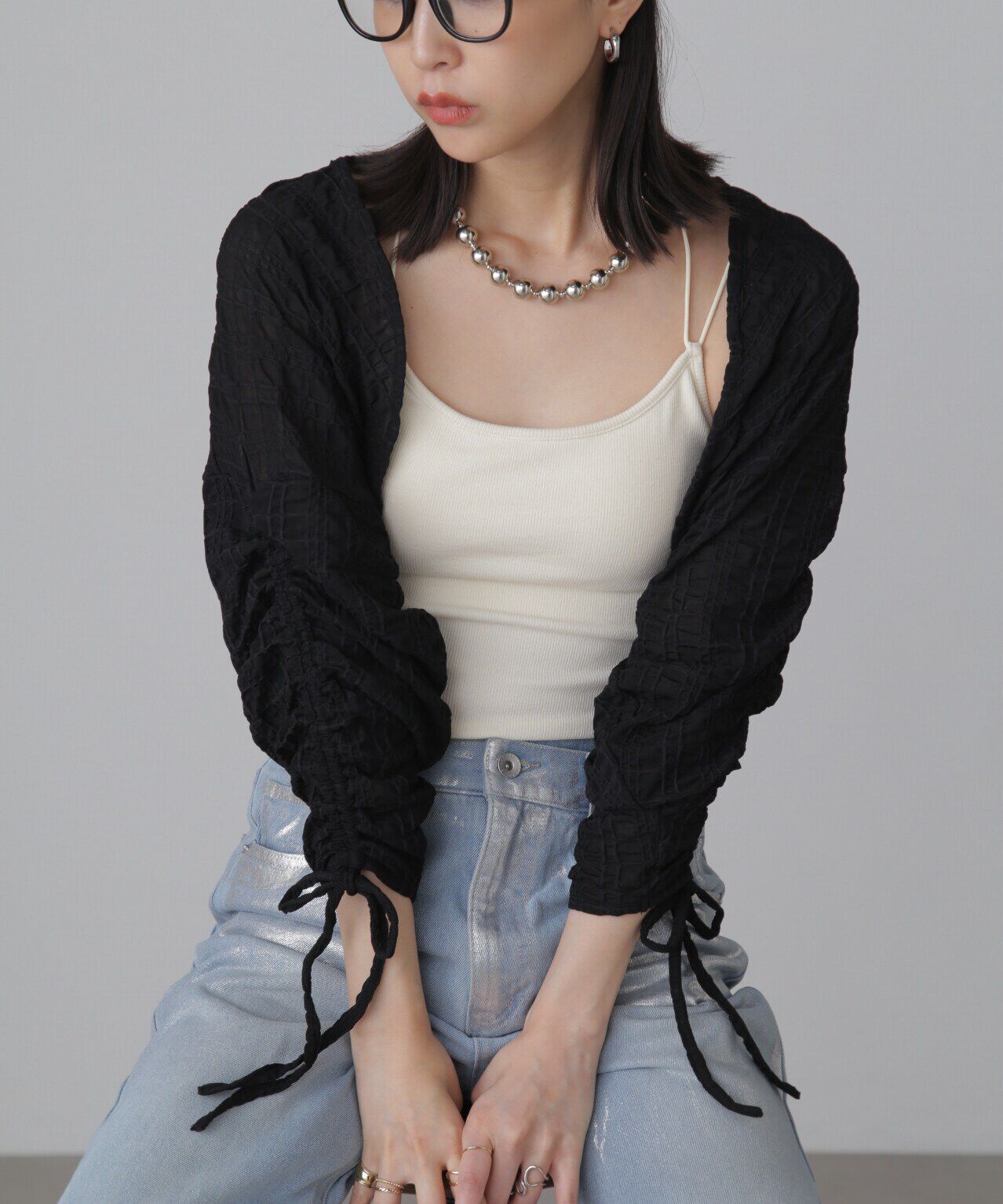  「シアーチェック袖シャーリングボレロ」|Tシャツ・カットソー|