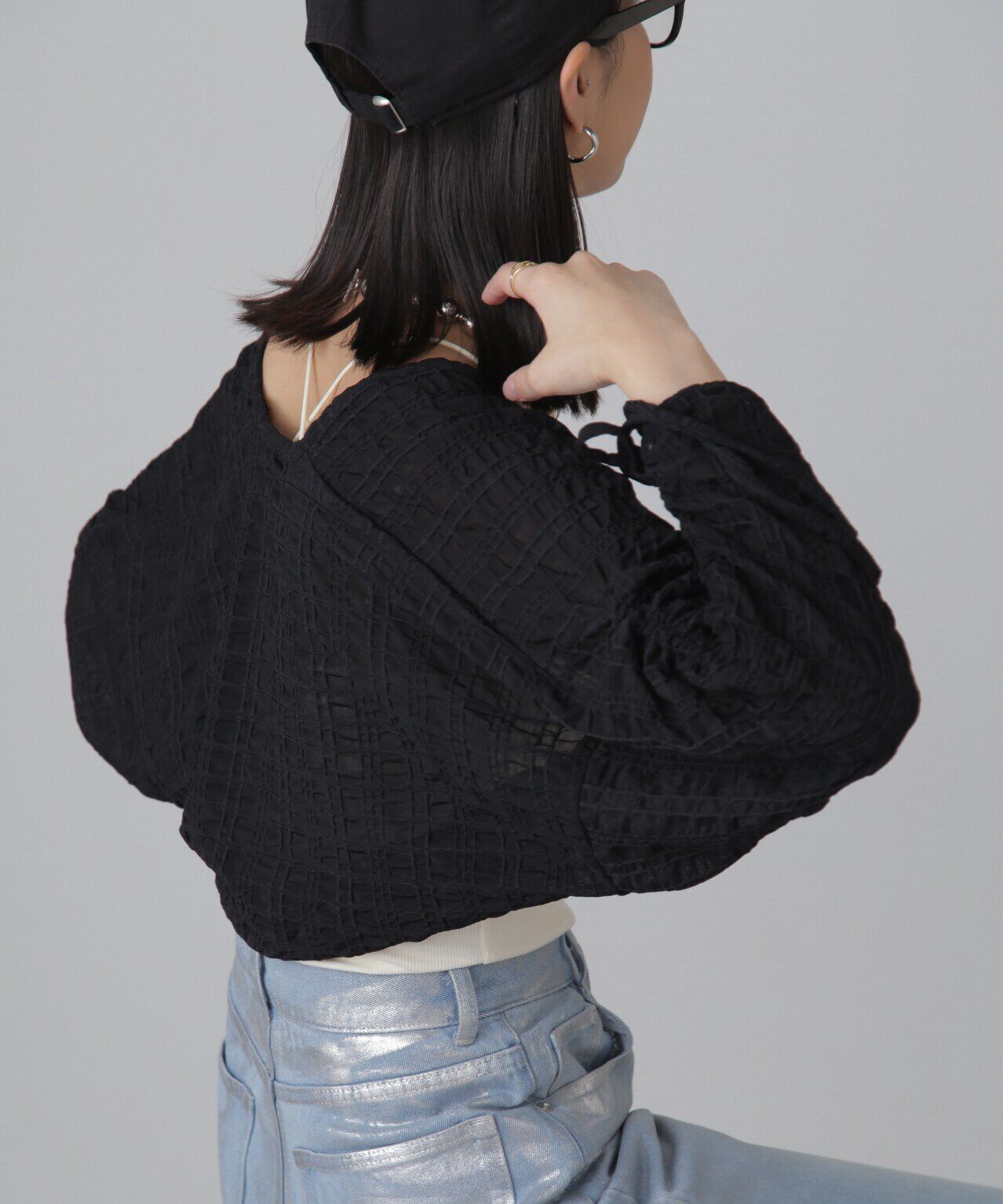  「シアーチェック袖シャーリングボレロ」|Tシャツ・カットソー|