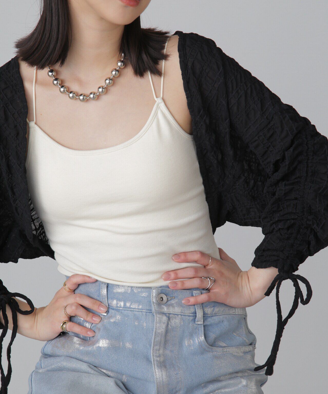  「シアーチェック袖シャーリングボレロ」|Tシャツ・カットソー|