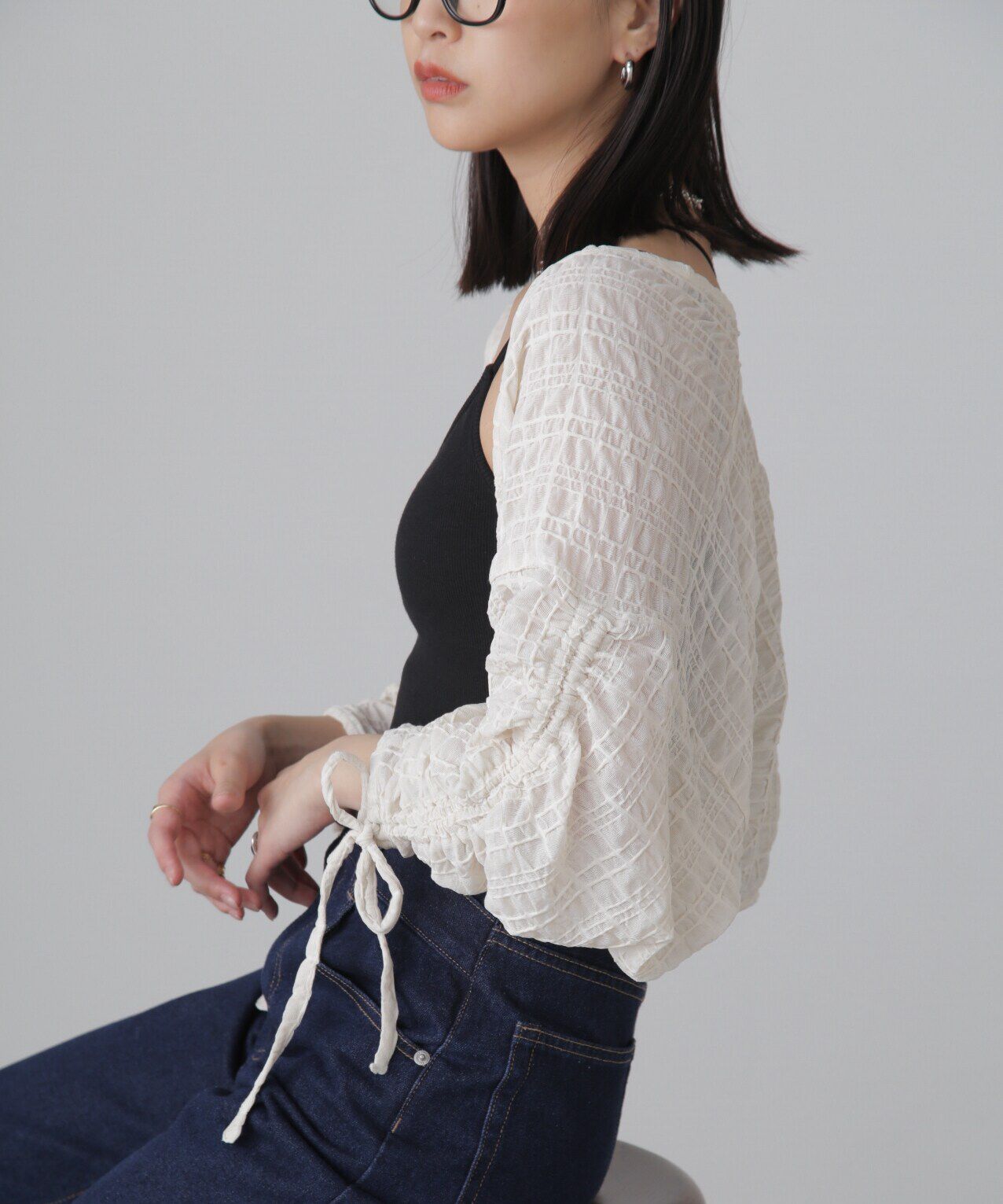  「シアーチェック袖シャーリングボレロ」|Tシャツ・カットソー|