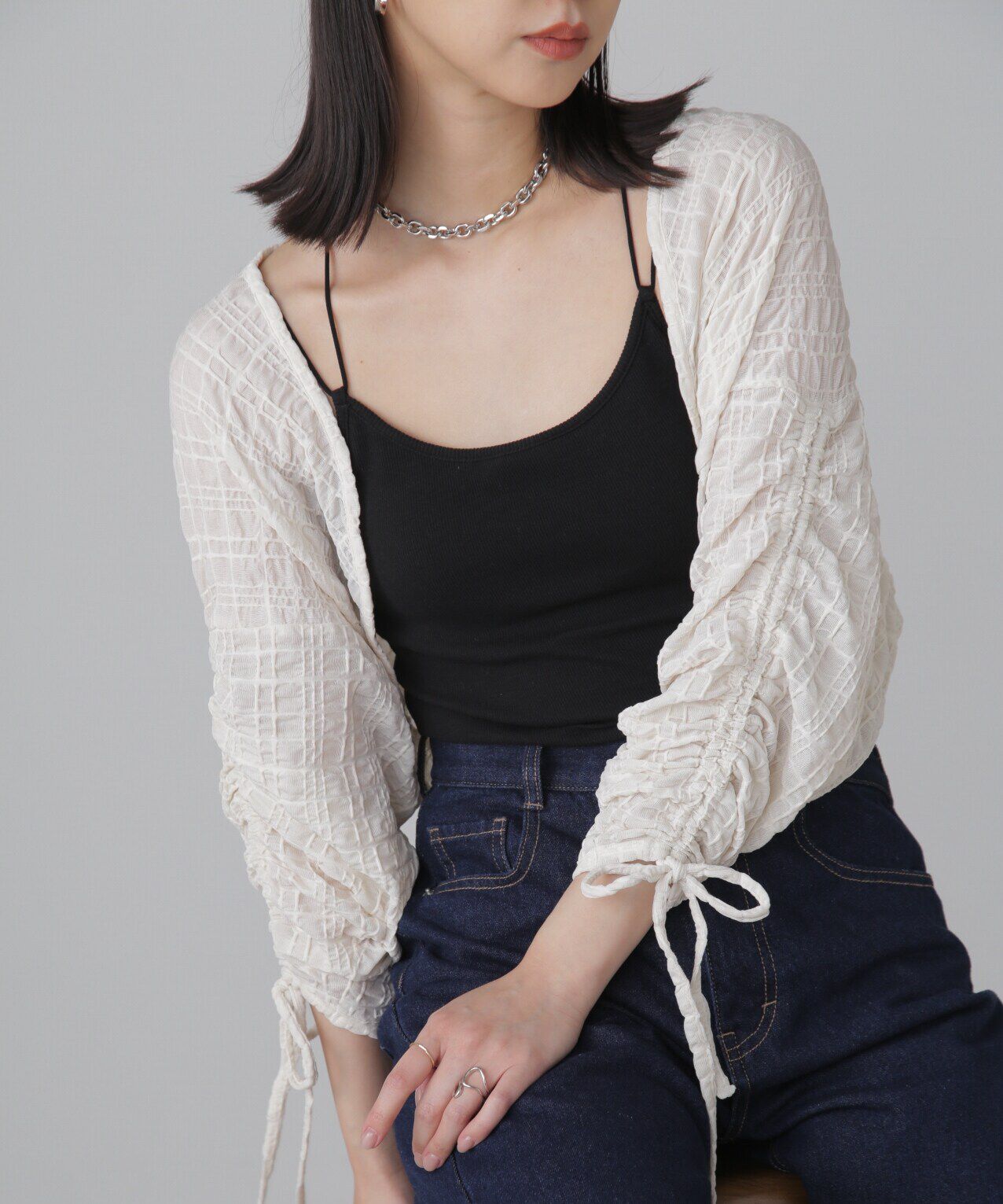  「シアーチェック袖シャーリングボレロ」|Tシャツ・カットソー|