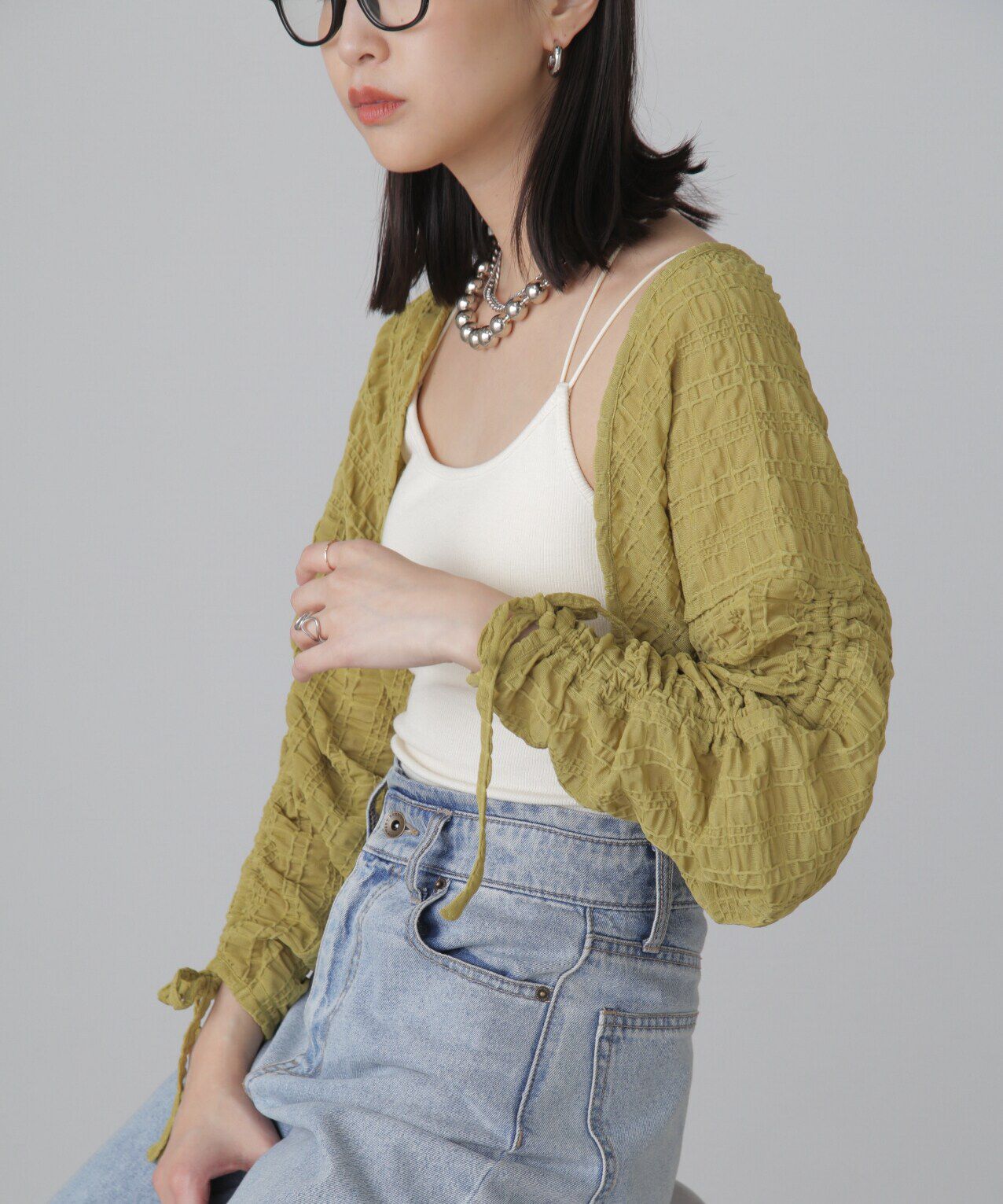  「シアーチェック袖シャーリングボレロ」|Tシャツ・カットソー|