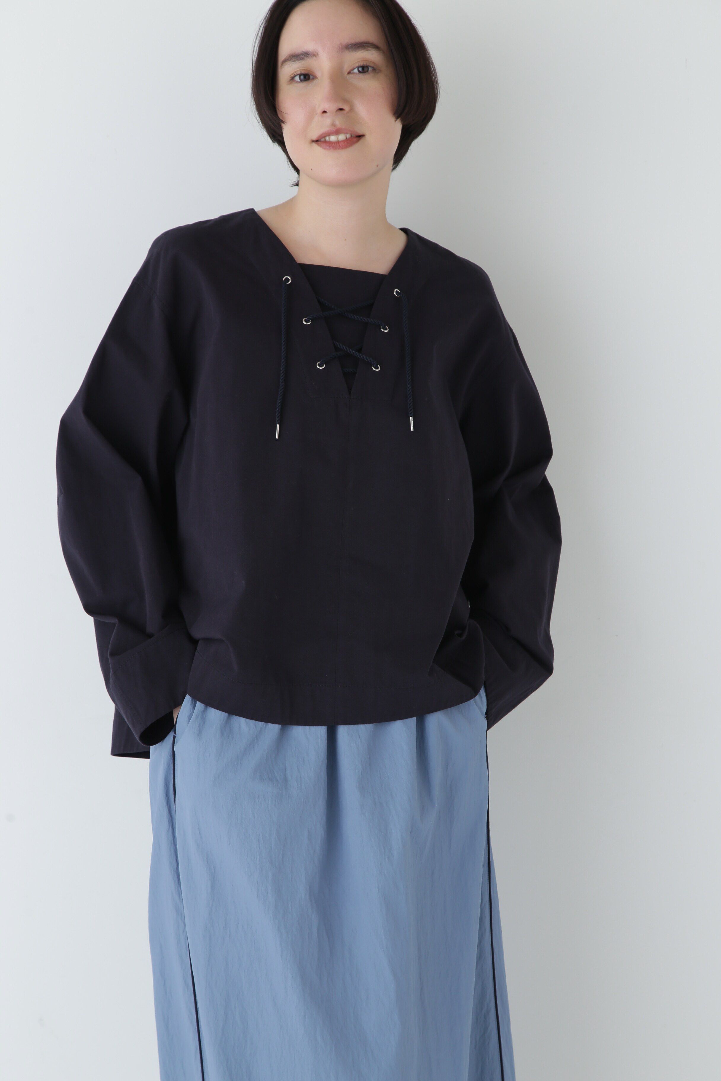  「◆ツイルワッシャーレースアップブラウス」|シャツ・ブラウス|