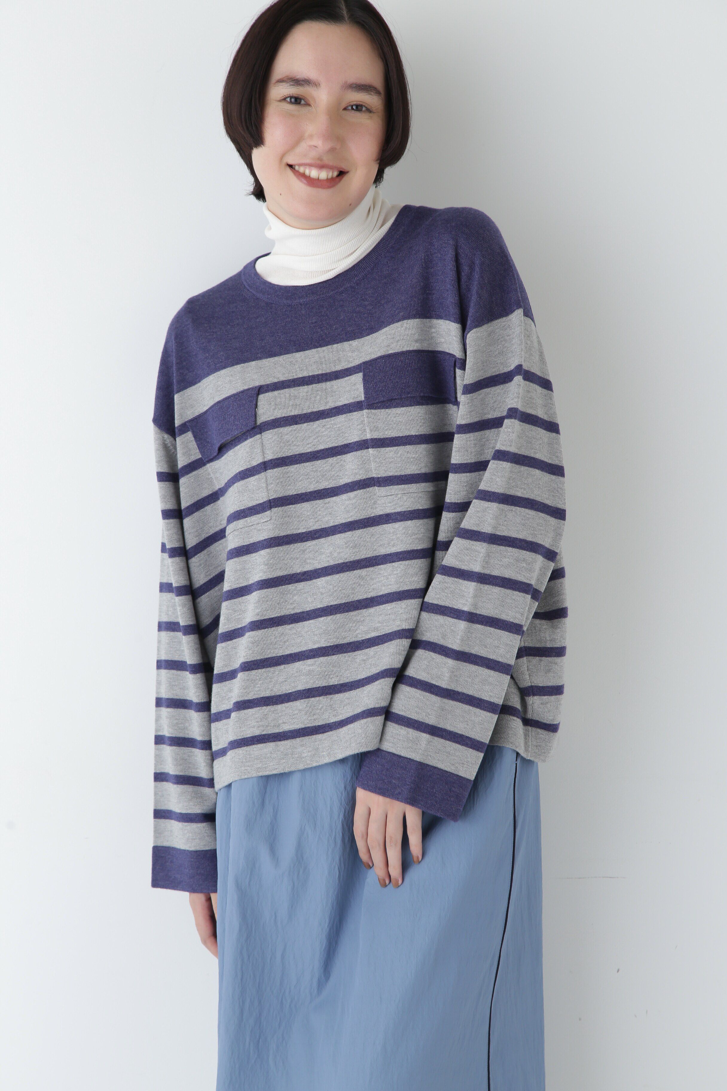  「◆【ウォッシャブル】梳毛ボーダープルオーバー」|ニット・セーター|ネイビー&times;グ  3