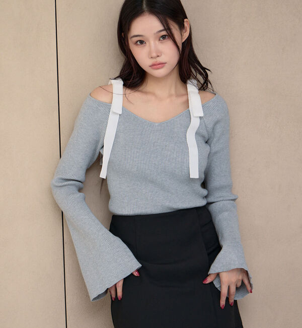 archives「ベロア肩リボンオフショルニットプルオーバー」|ニット・セーター|GRAY