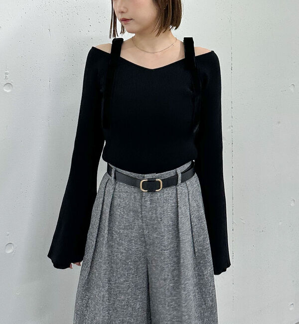 archives「ベロア肩リボンオフショルニットプルオーバー」|ニット・セーター|BLACK