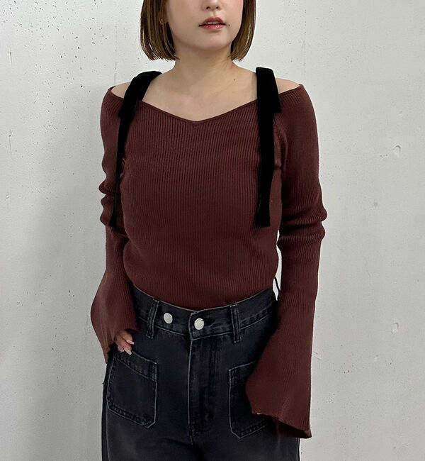 archives「ベロア肩リボンオフショルニットプルオーバー」|ニット・セーター|