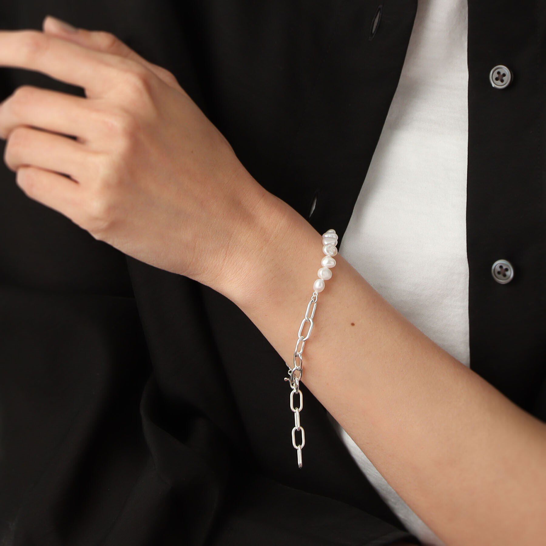 COCOSHNIK ONKITSCH「シルバー バロックパール チェーンミックス ブレスレットＳ」|ブレスレット・バングル|