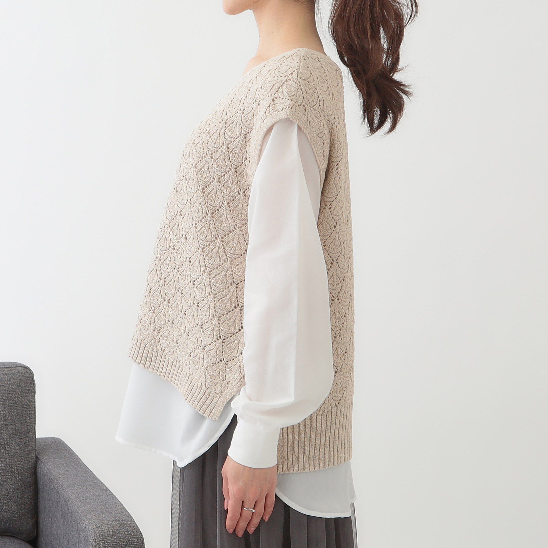 SHOO･LA･RUE「【洗える/S-LL/2点セット】透かし柄ベスト+ブラウス」|ニット・セーター|