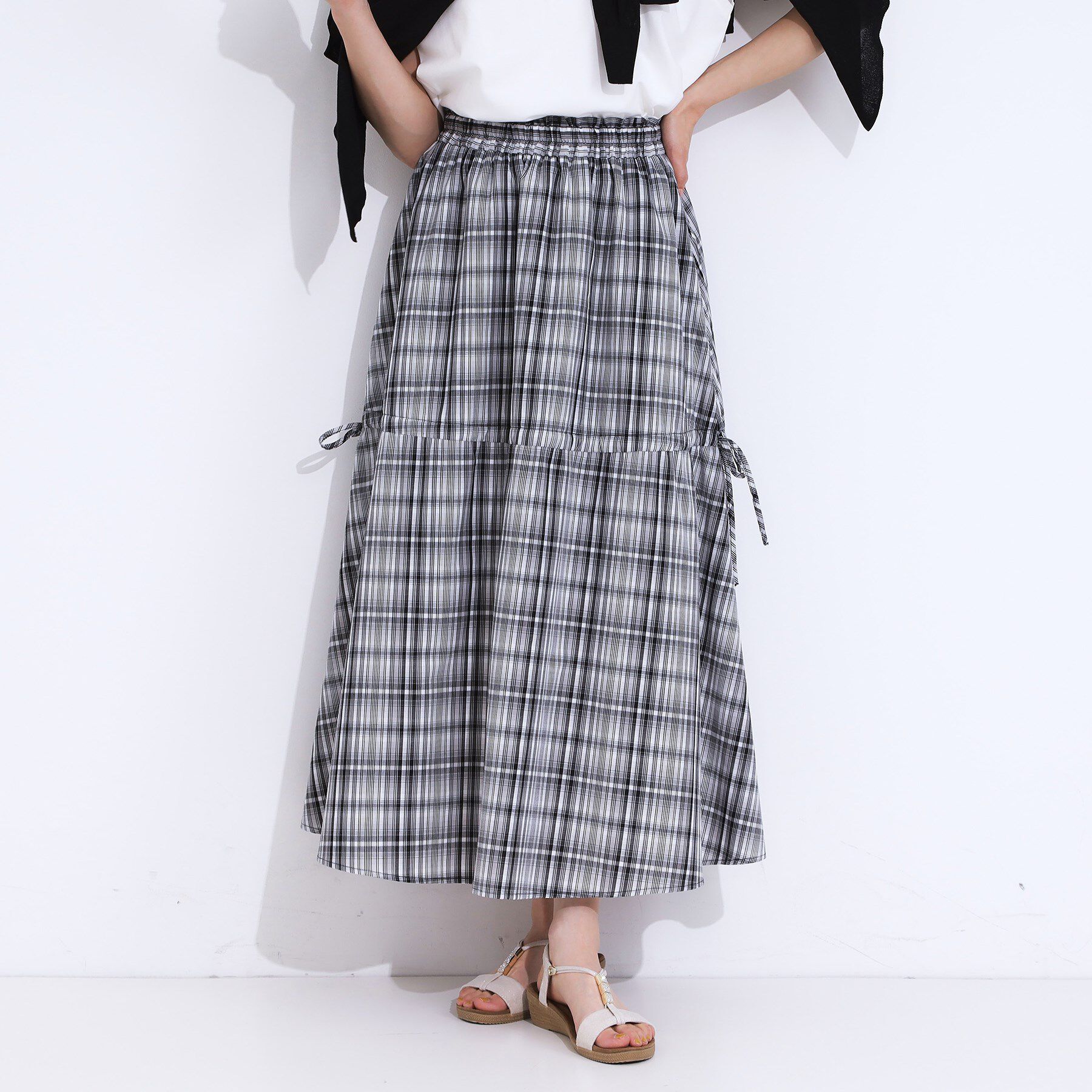 SHOO･LA･RUE「【S-LL】シルエットが変えられる チェック柄リボンフレアスカート」|スカート|ブラック(219)