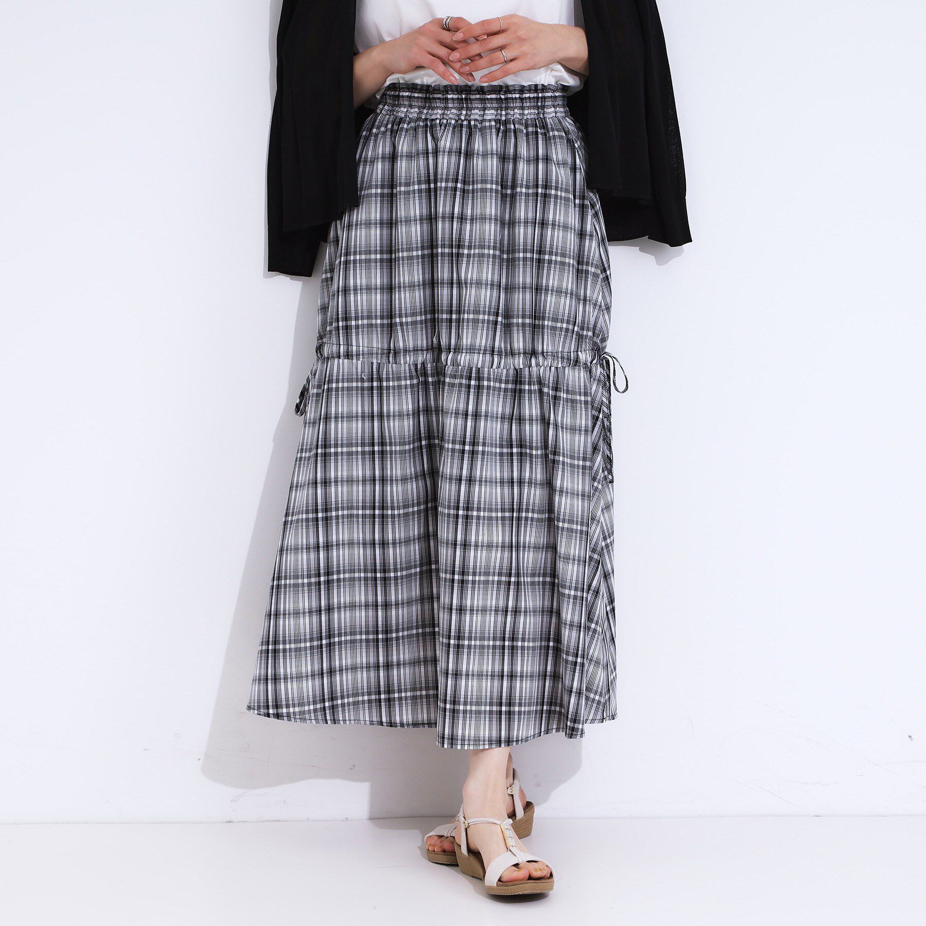 SHOO･LA･RUE「【S-LL】シルエットが変えられる チェック柄リボンフレアスカート」|スカート|