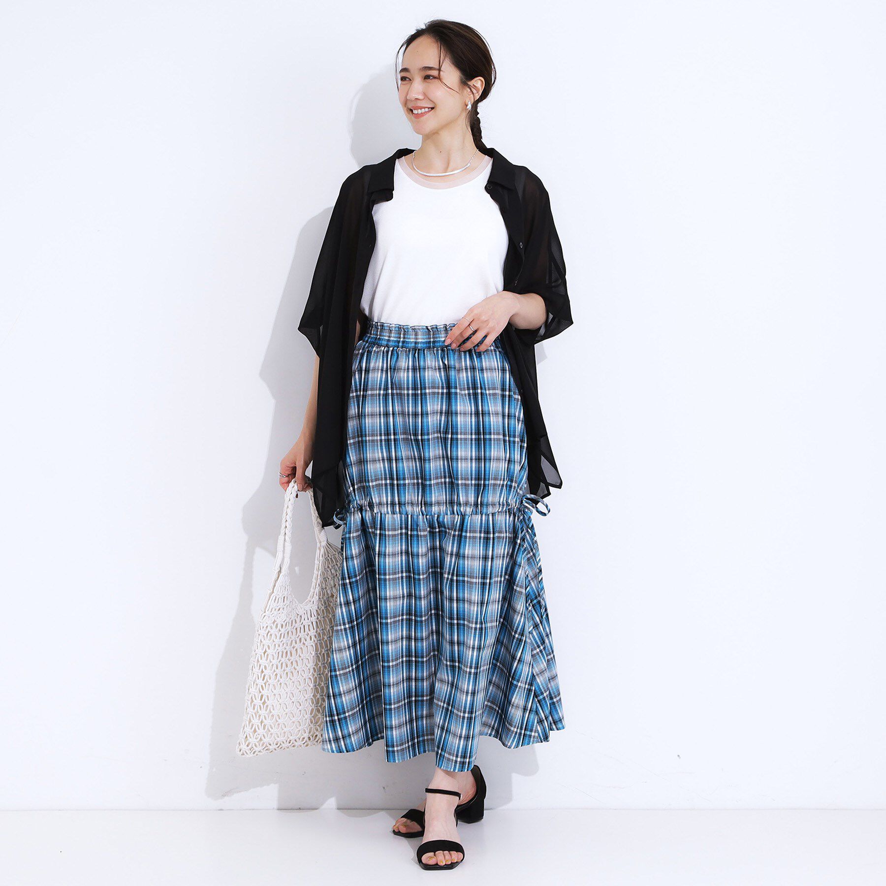 SHOO･LA･RUE「【S-LL】シルエットが変えられる チェック柄リボンフレアスカート」|スカート|