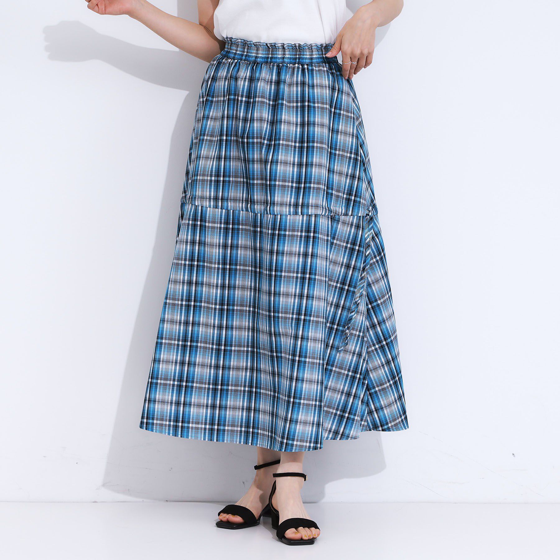 SHOO･LA･RUE「【S-LL】シルエットが変えられる チェック柄リボンフレアスカート」|スカート|